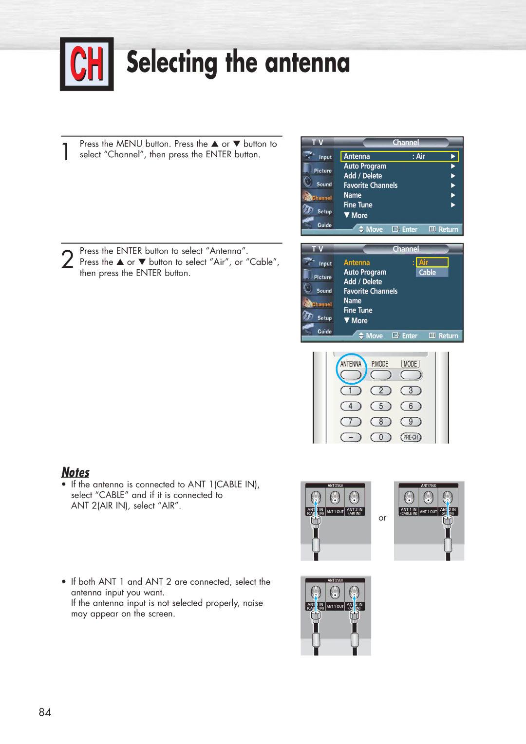 Samsung HP-P5581 manual Selecting the antenna 