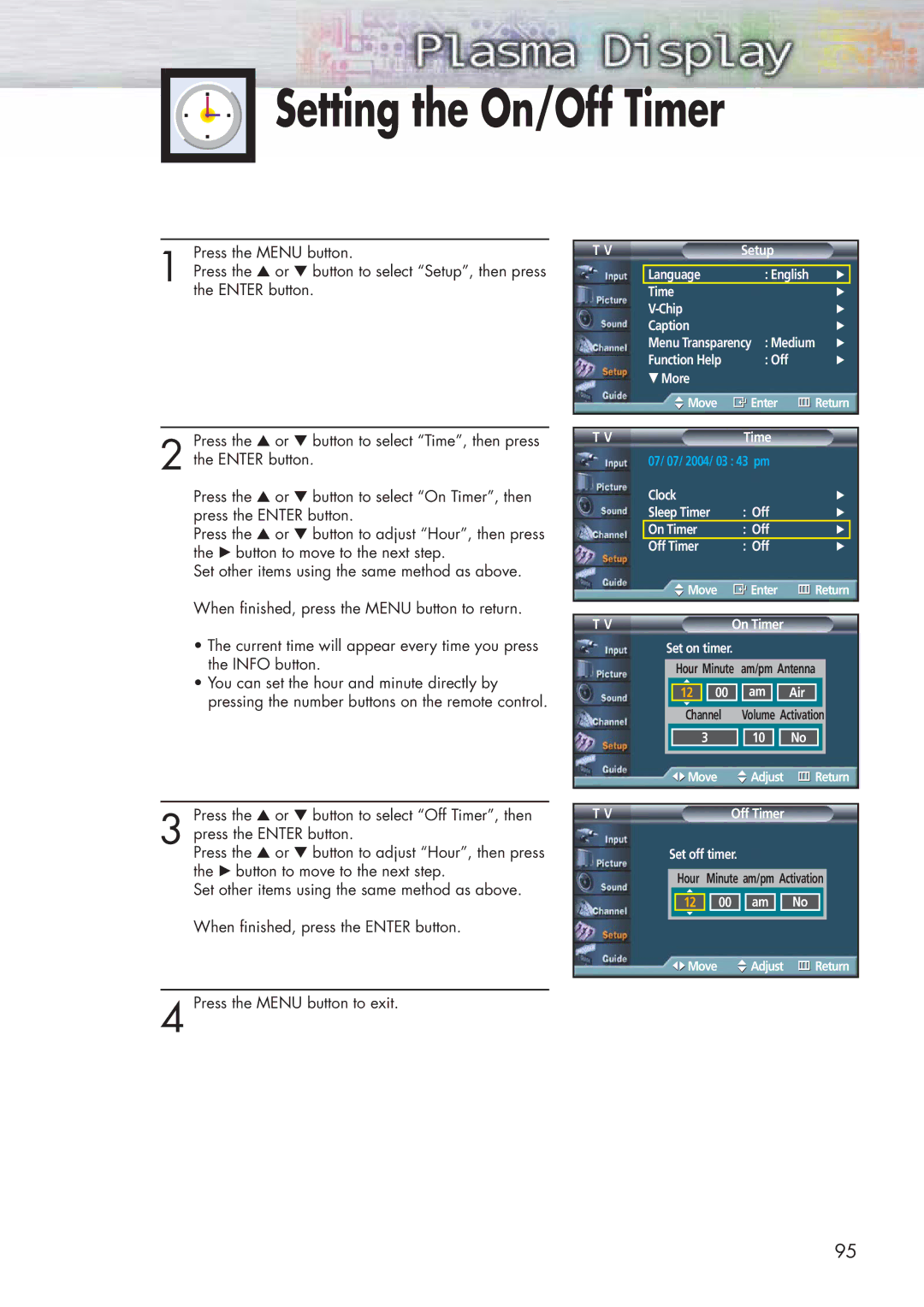 Samsung HP-P5581 manual Setting the On/Off Timer 