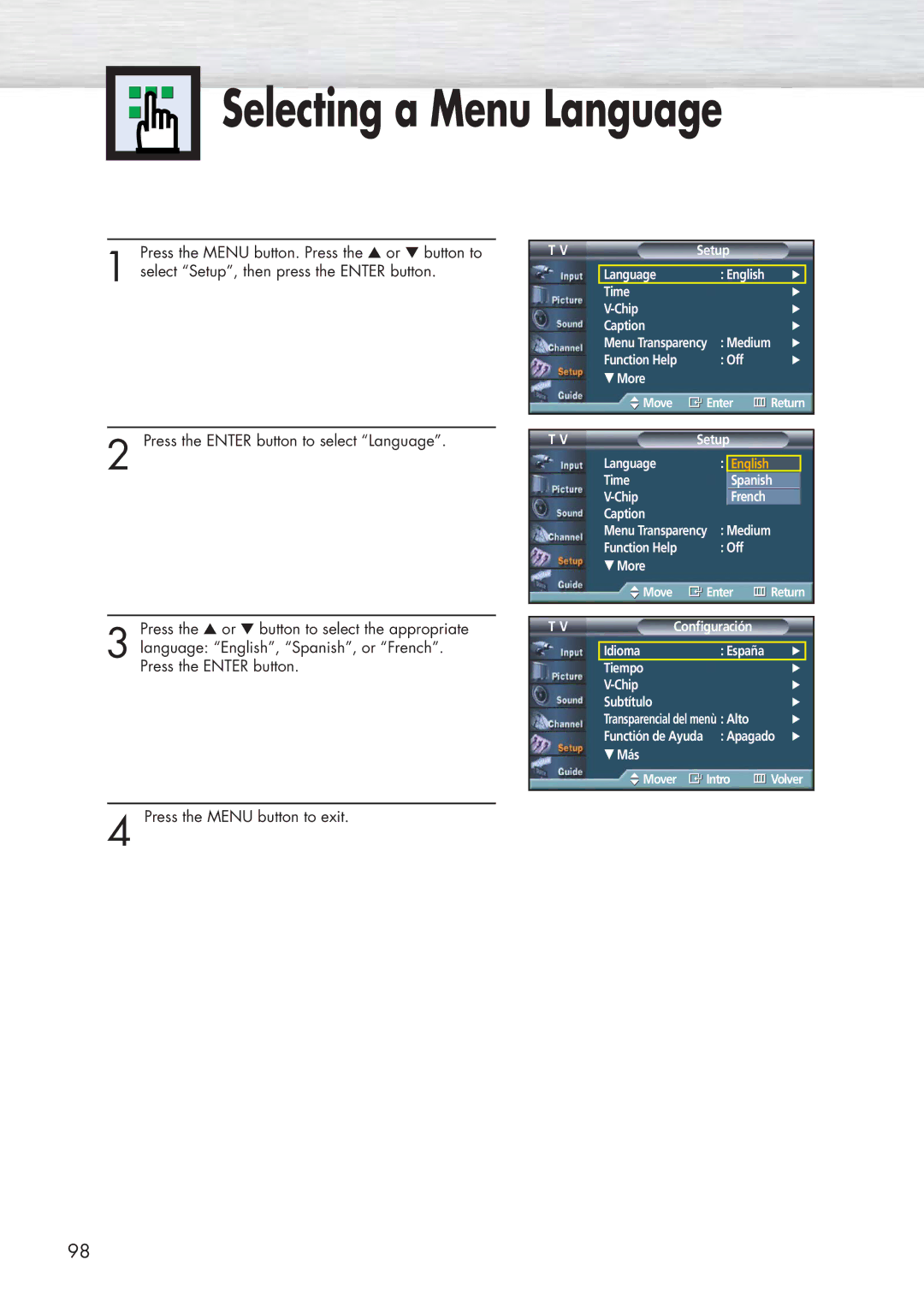 Samsung HP-P5581 manual Selecting a Menu Language 