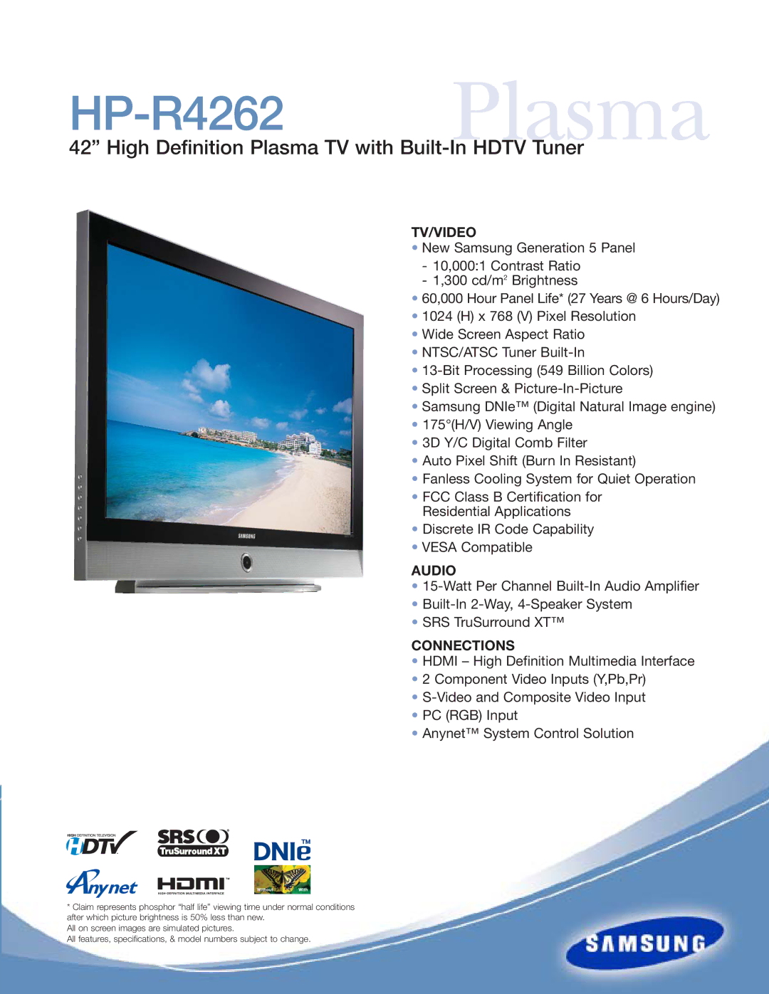 Samsung specifications HP-R4262 Plasma, High Definition Plasma TV with Built-In Hdtv Tuner 