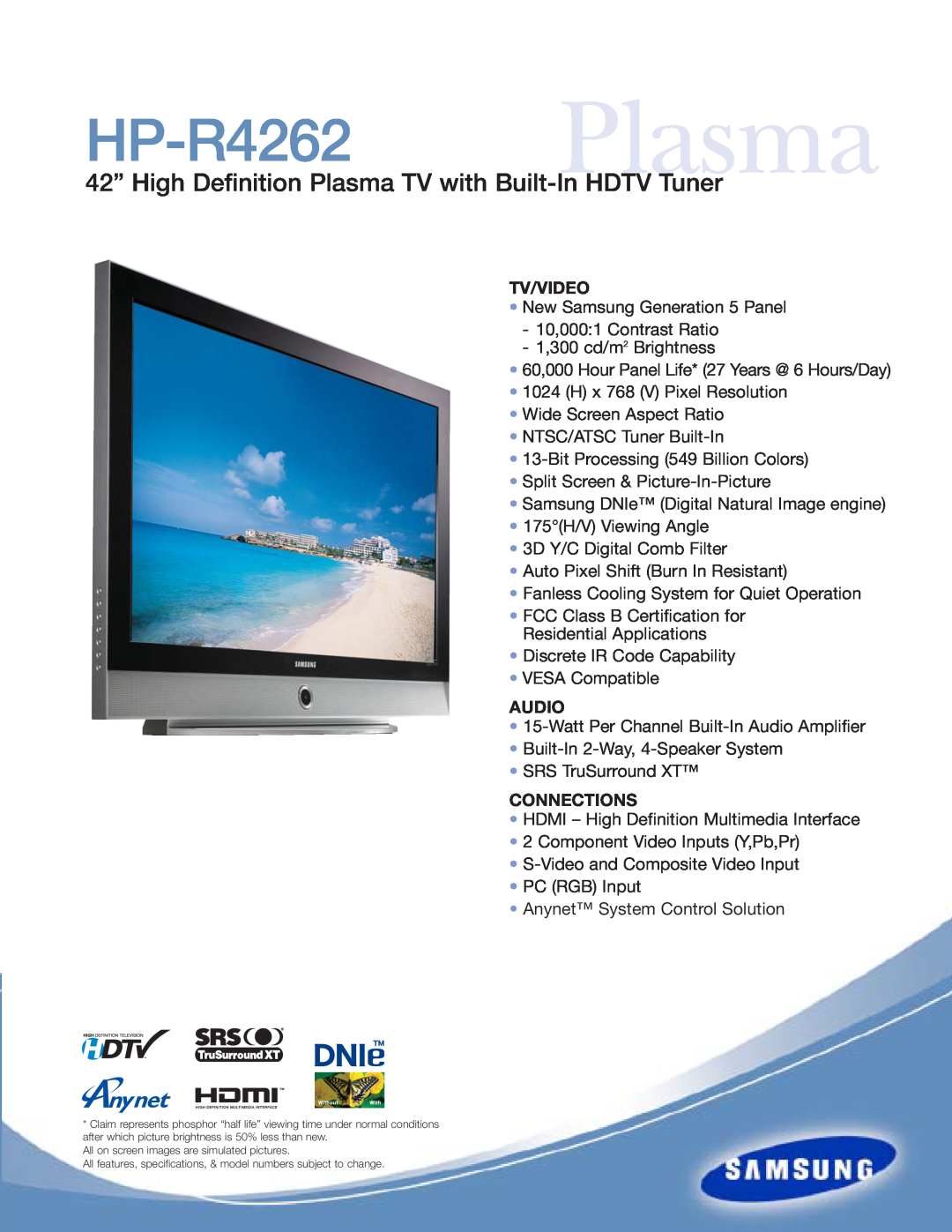 Samsung specifications HP-R4262 Plasma, 42” High Definition Plasma TV with Built-In HDTV Tuner, Tv/Video, Audio 