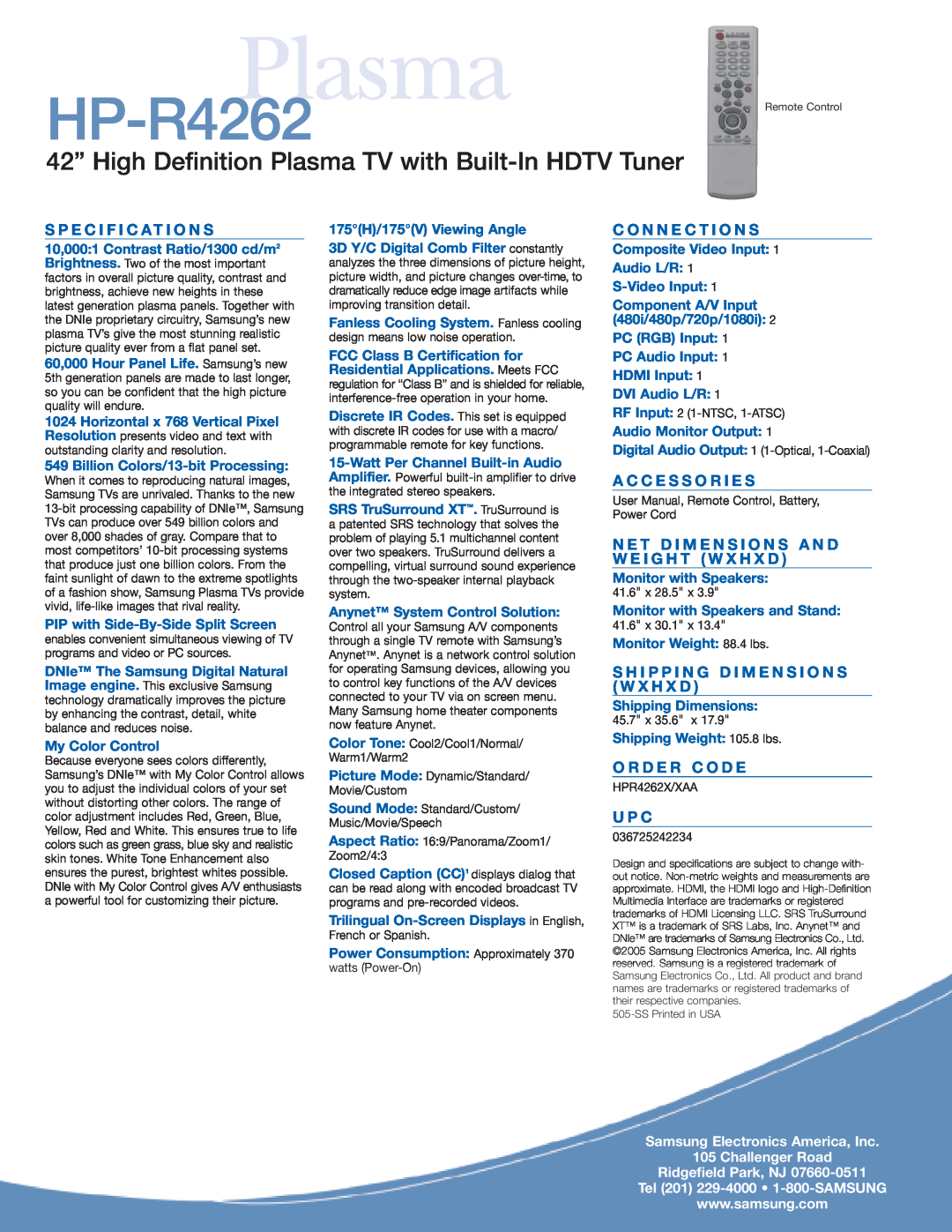Samsung HP-R4262 42” High Definition Plasma TV with Built-In HDTV Tuner, S P E C I F I C A T I O N S, U P C 