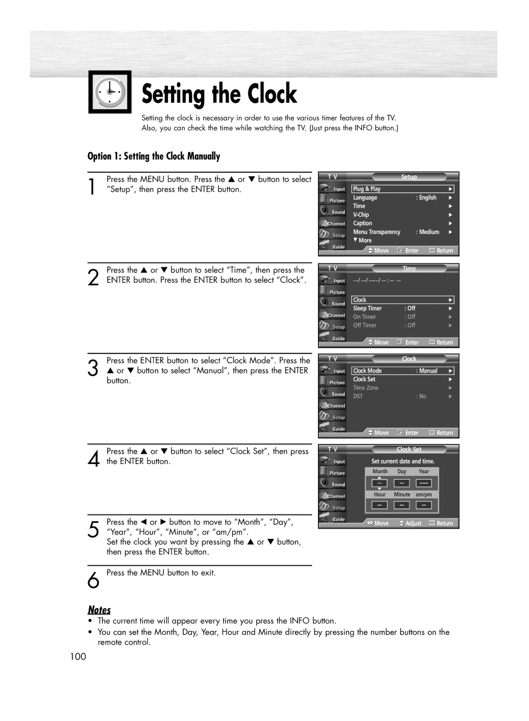 Samsung HP-R4272 manual Option 1 Setting the Clock Manually, Or button to select Manual, then press the Enter button 