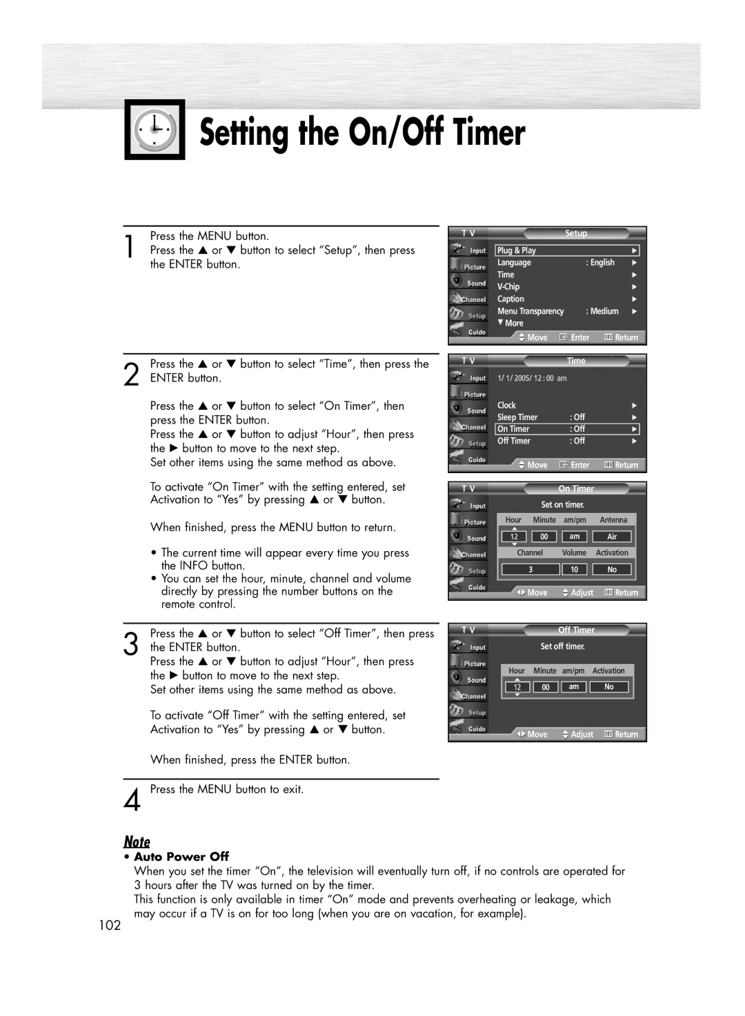 Samsung HP-R4272 manual Setting the On/Off Timer, Auto Power Off 