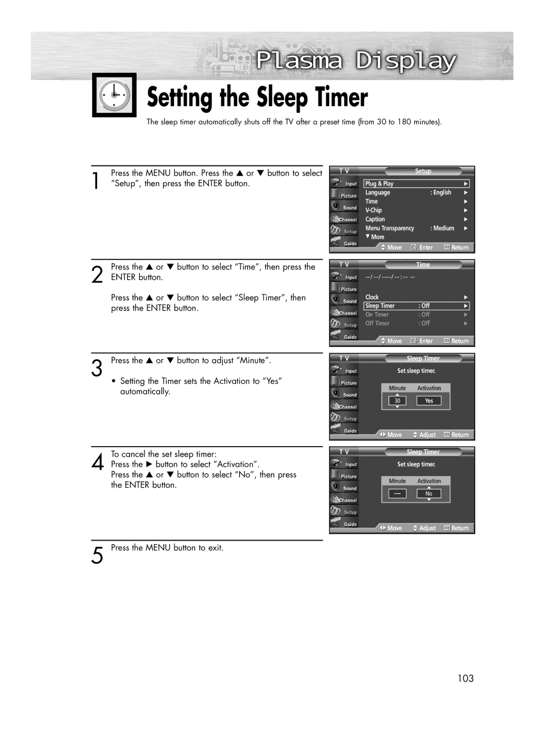 Samsung HP-R4272 manual Setting the Sleep Timer, Setup, then press the Enter button 