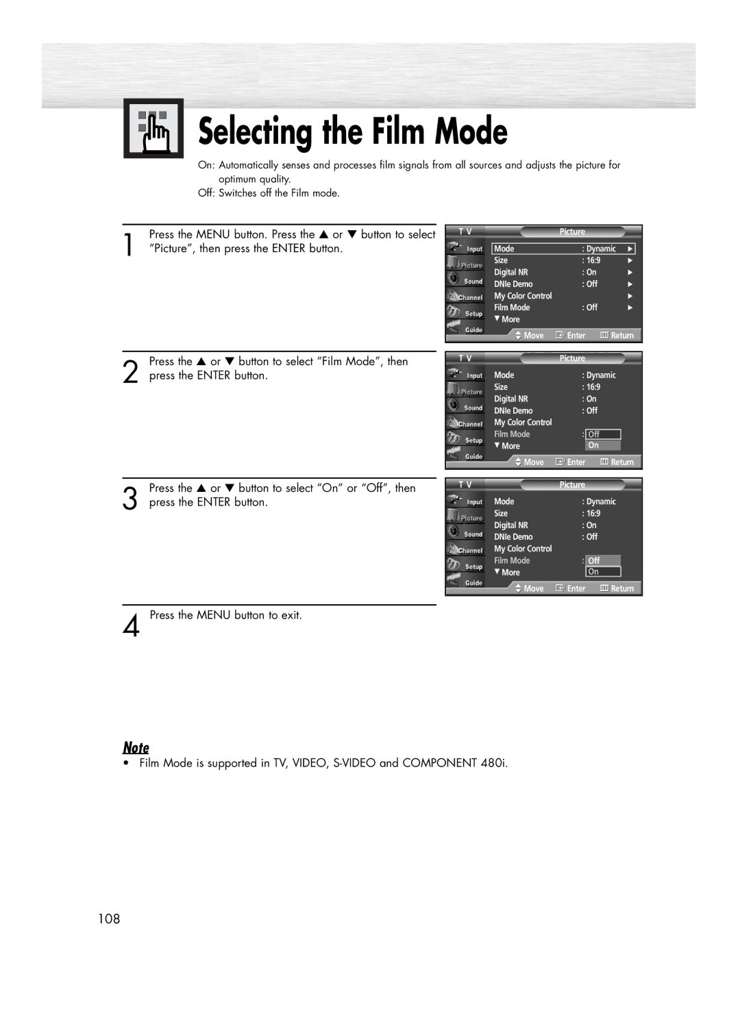 Samsung HP-R4272 manual Selecting the Film Mode 