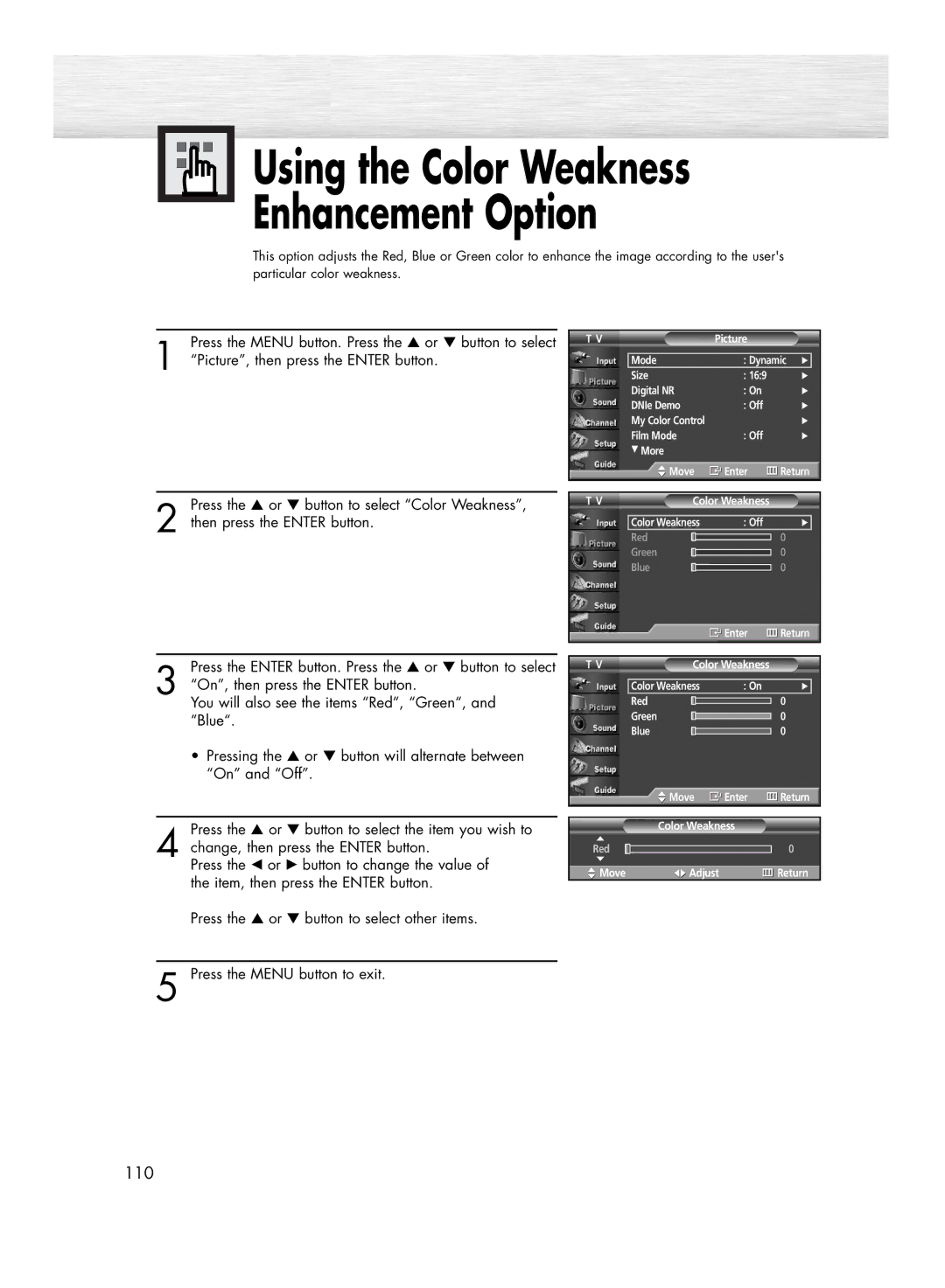 Samsung HP-R4272 manual Using the Color Weakness Enhancement Option 