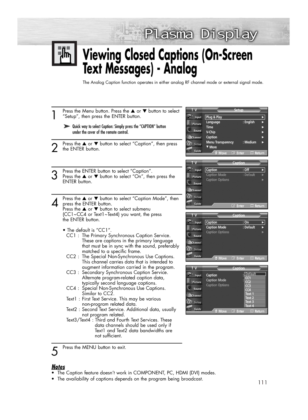 Samsung HP-R4272 manual Viewing Closed Captions On-Screen Text Messages Analog 