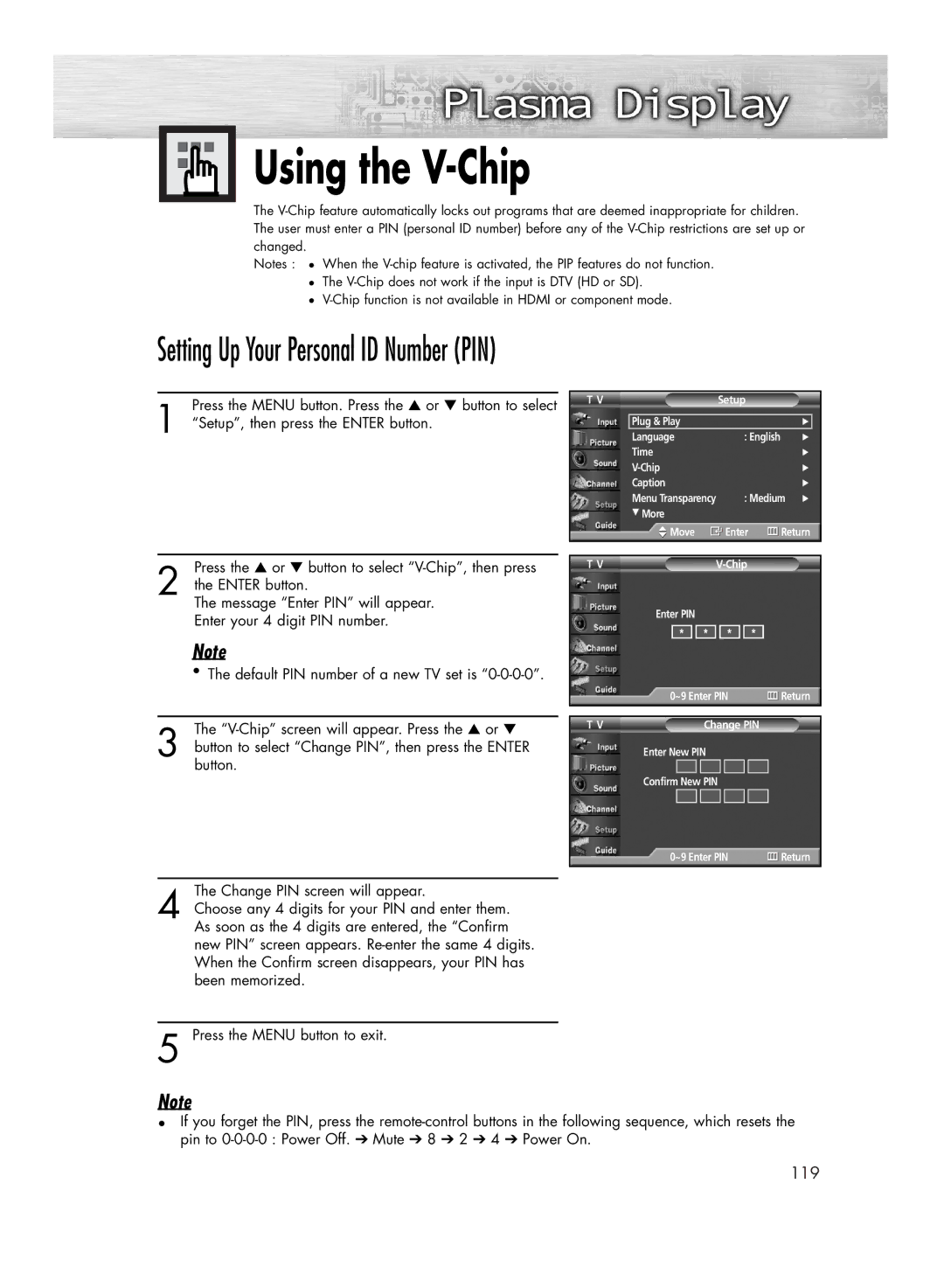 Samsung HP-R4272 manual Using the V-Chip, Setting Up Your Personal ID Number PIN 