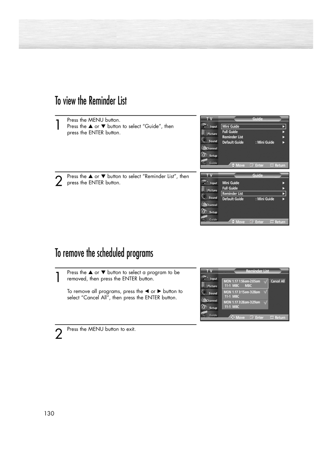 Samsung HP-R4272 manual To view the Reminder List, To remove the scheduled programs 