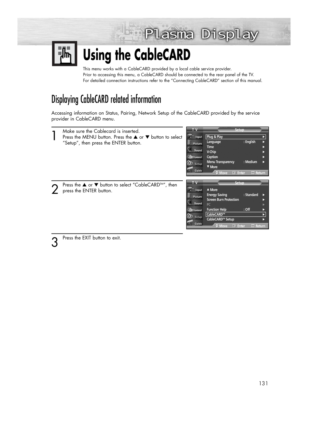 Samsung HP-R4272 manual Using the CableCARD, Displaying CableCARD related information 