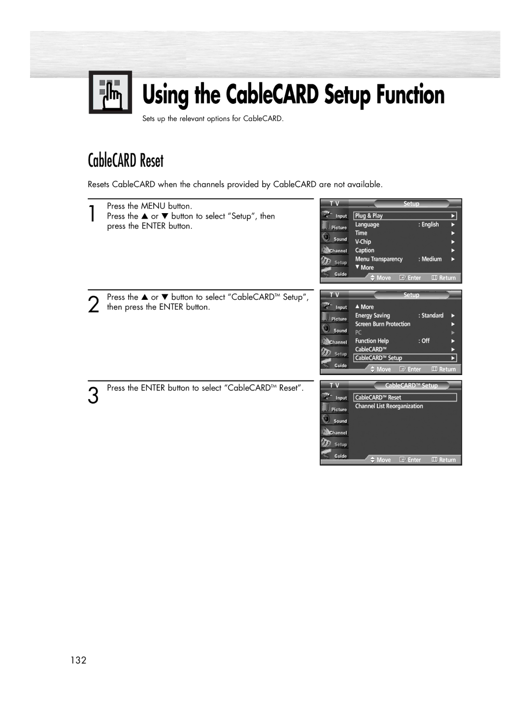 Samsung HP-R4272 manual Using the CableCARD Setup Function, CableCARD Reset 