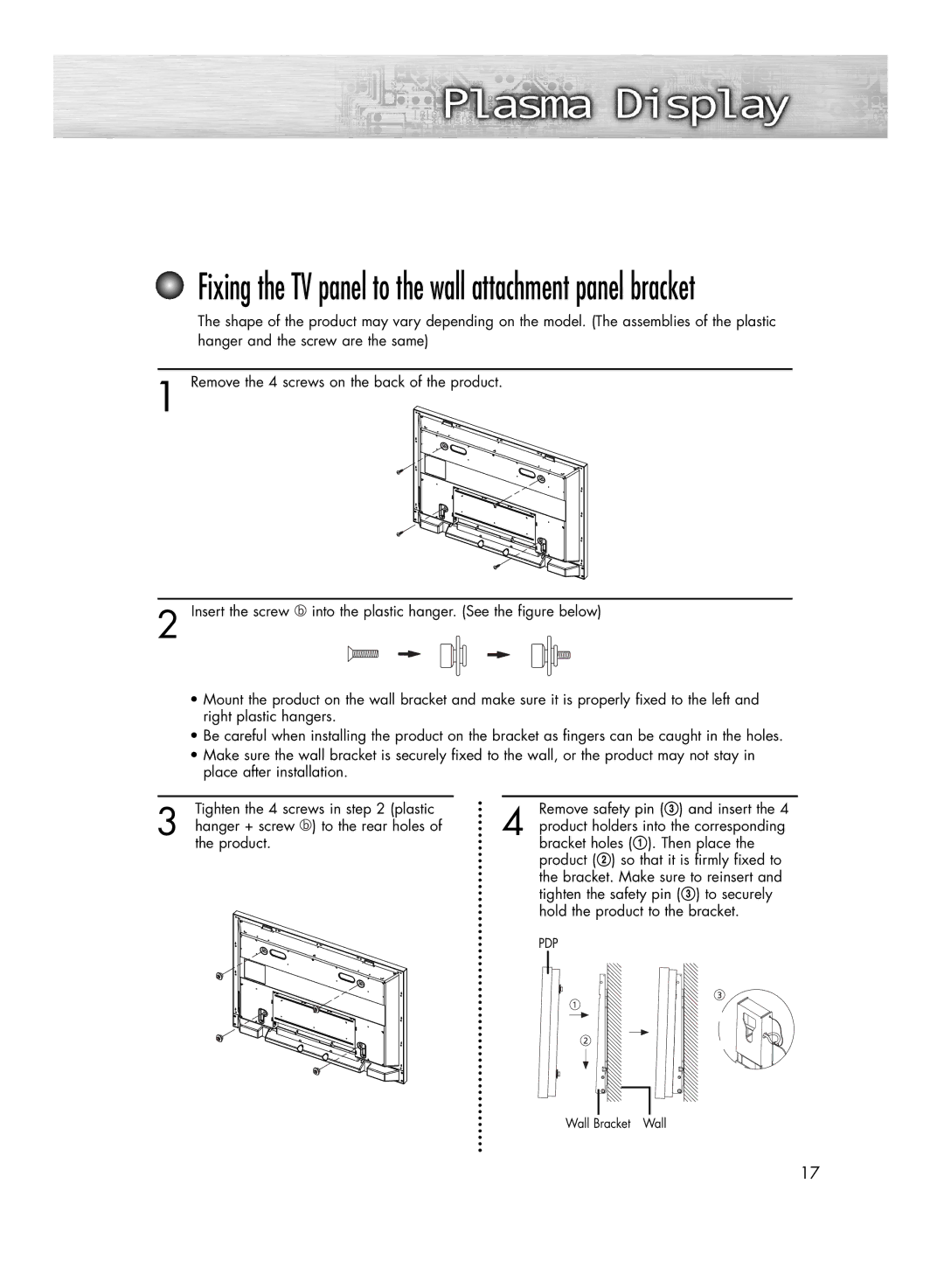 Samsung HP-R4272 manual Fixing the TV panel to the wall attachment panel bracket 