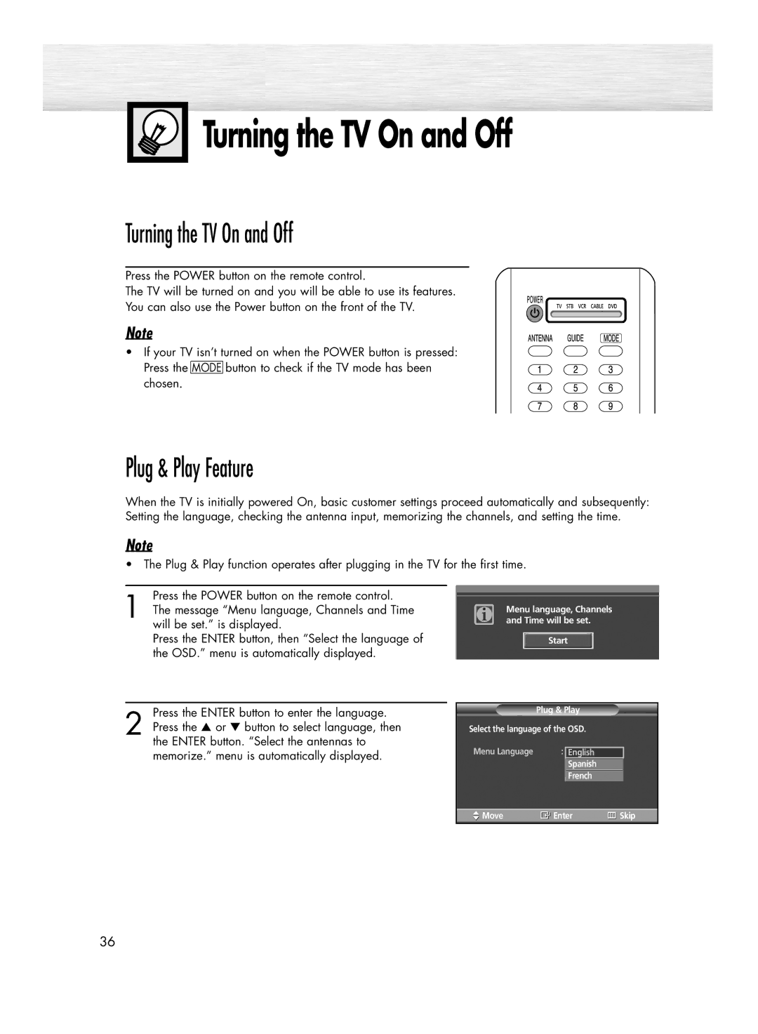 Samsung HP-R4272 manual Turning the TV On and Off, Plug & Play Feature 