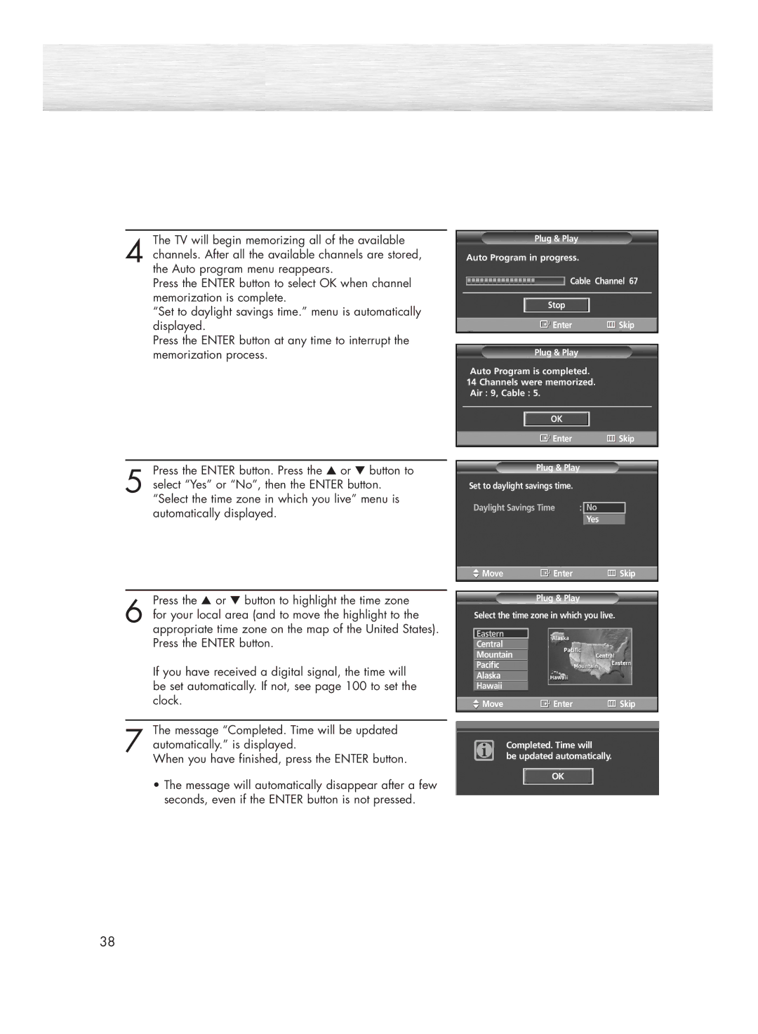 Samsung HP-R4272 manual Central Mountain Pacific Alaska Hawaii Move Enter 