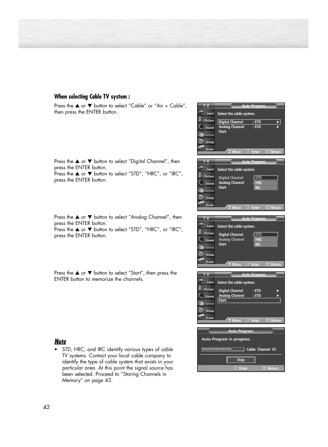 Samsung HP-R4272 manual When selecting Cable TV system 