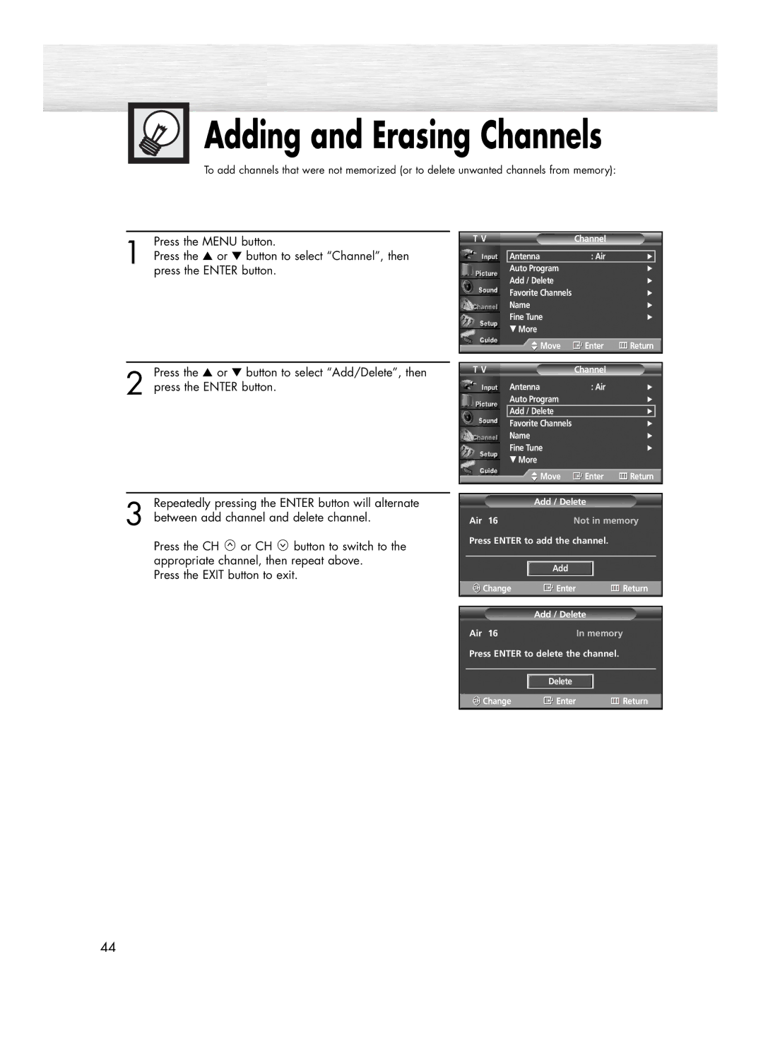 Samsung HP-R4272 manual Adding and Erasing Channels 