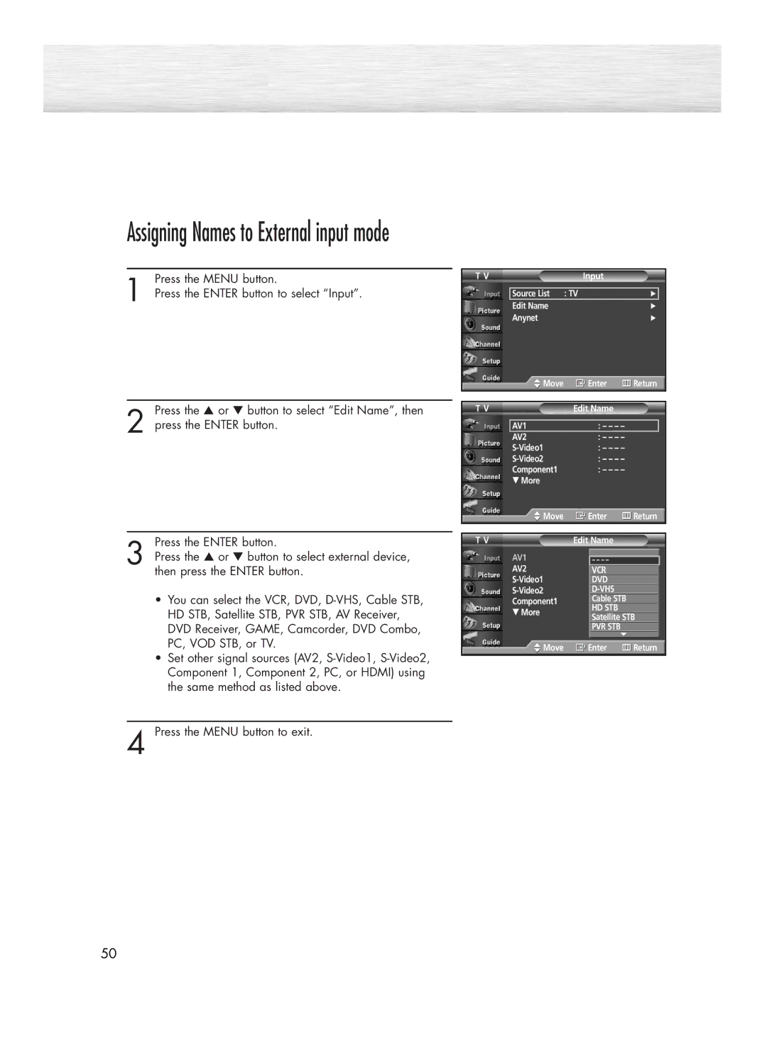 Samsung HP-R4272 manual Assigning Names to External input mode 