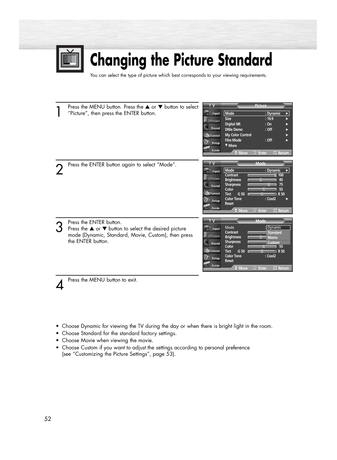 Samsung HP-R4272 manual Changing the Picture Standard 