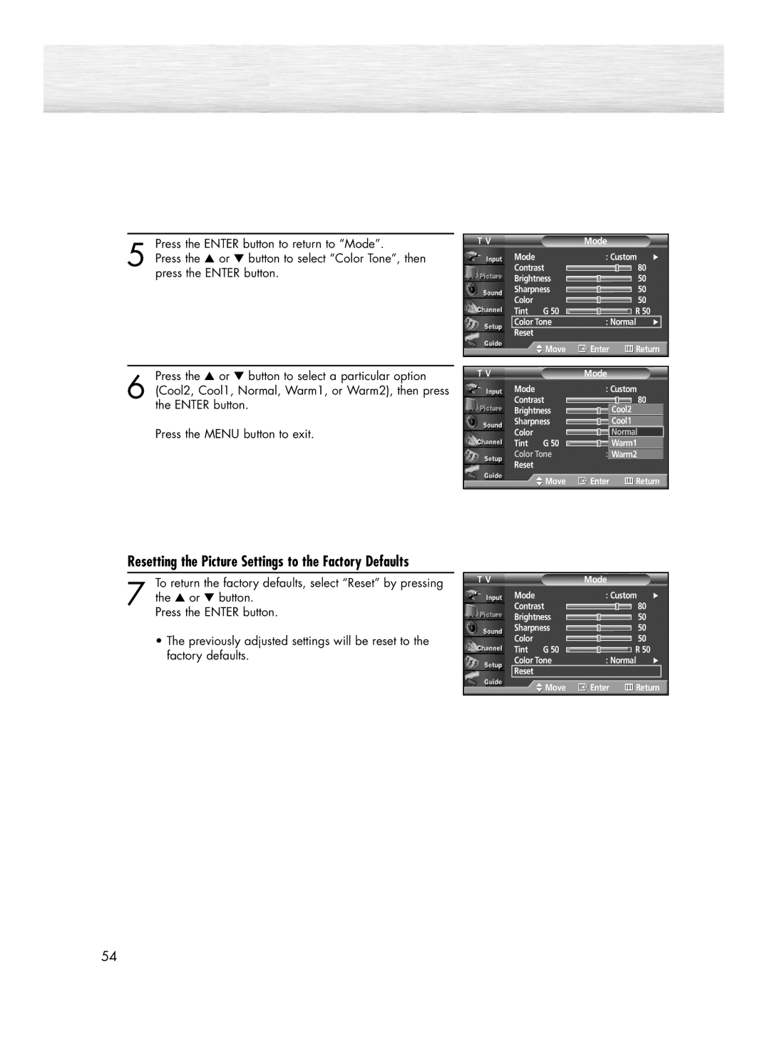 Samsung HP-R4272 manual Resetting the Picture Settings to the Factory Defaults 