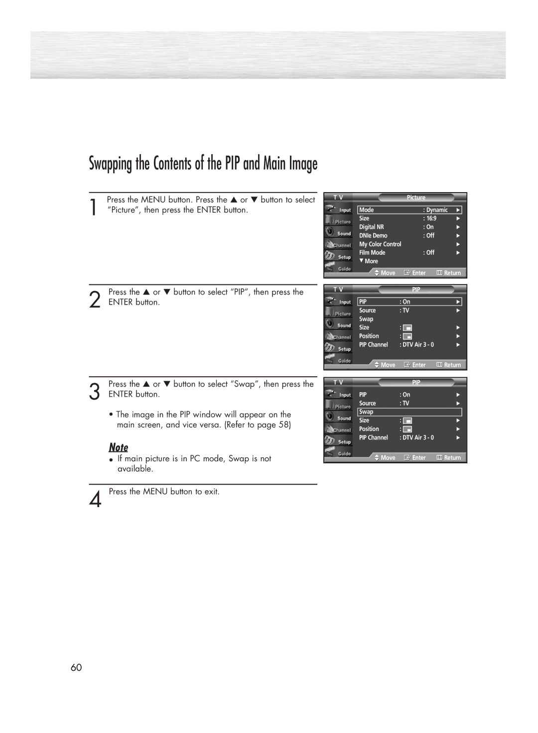 Samsung HP-R4272 manual Swapping the Contents of the PIP and Main Image 