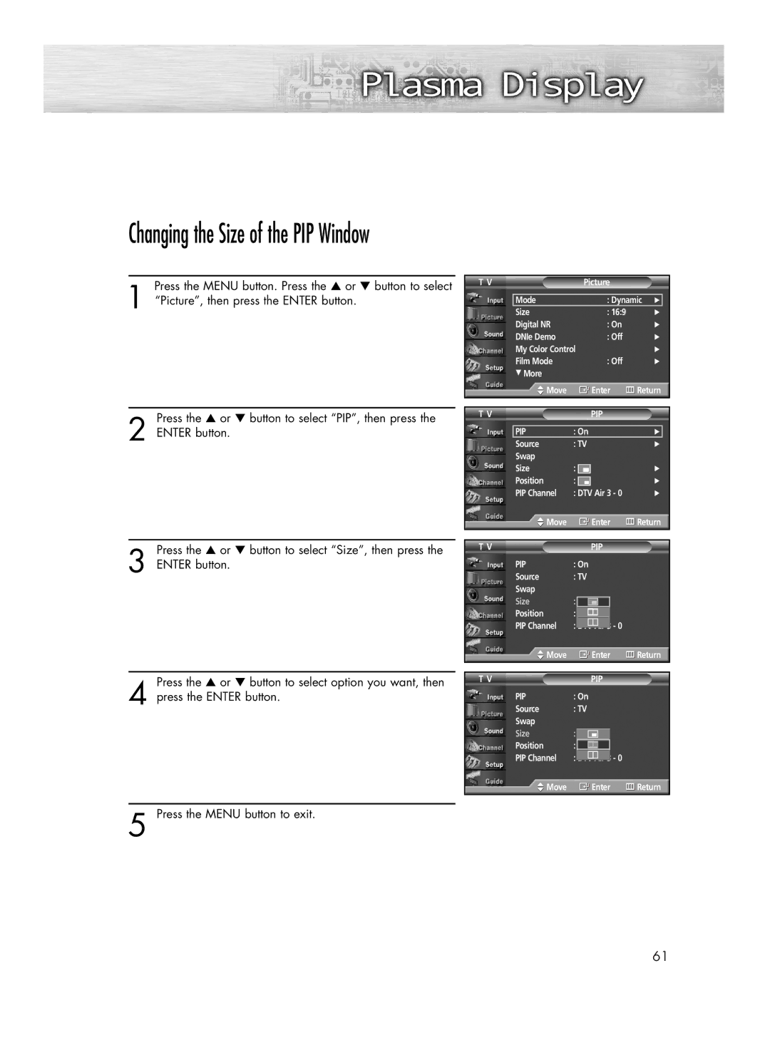 Samsung HP-R4272 manual Changing the Size of the PIP Window 