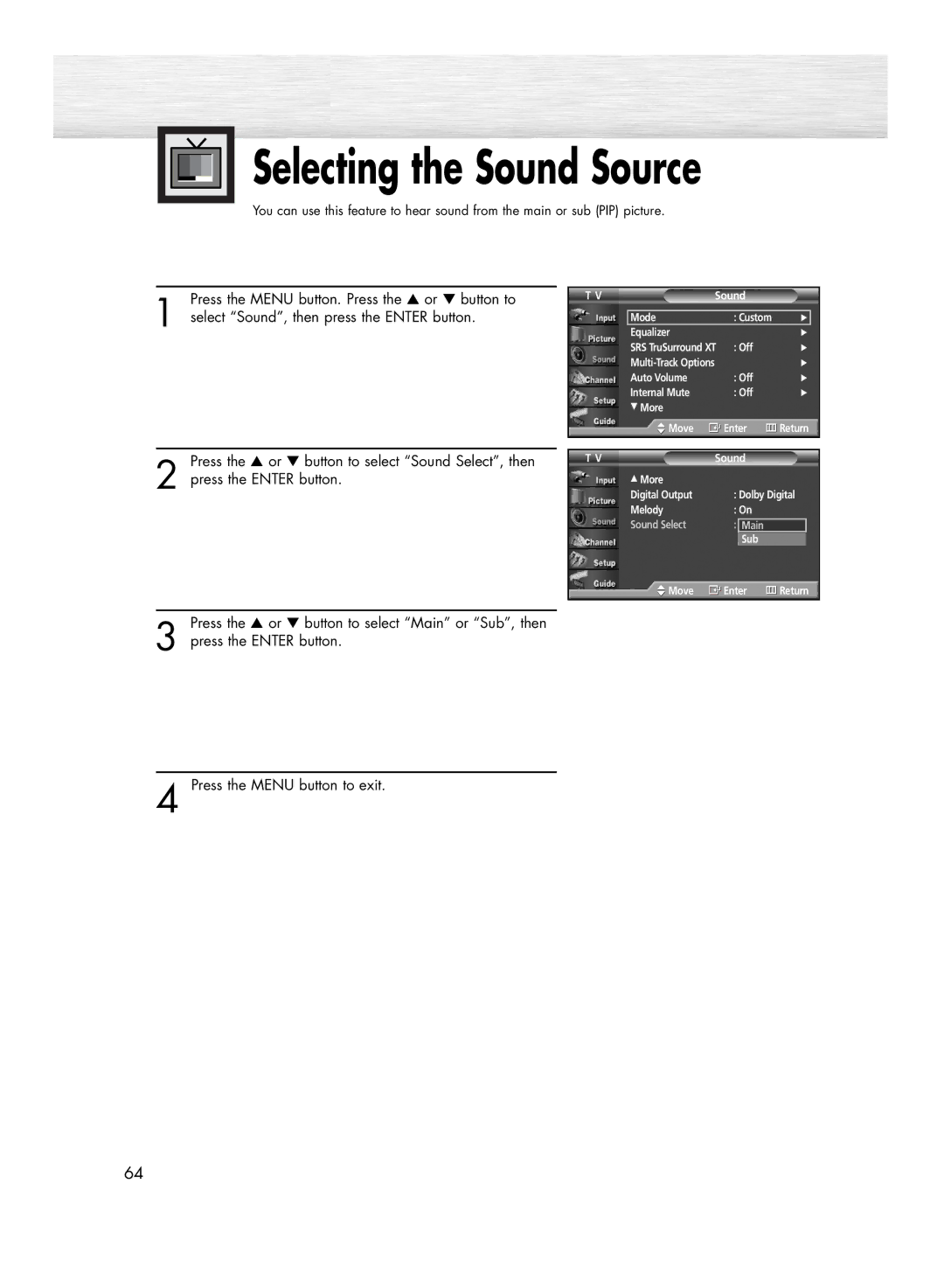 Samsung HP-R4272 manual Selecting the Sound Source 