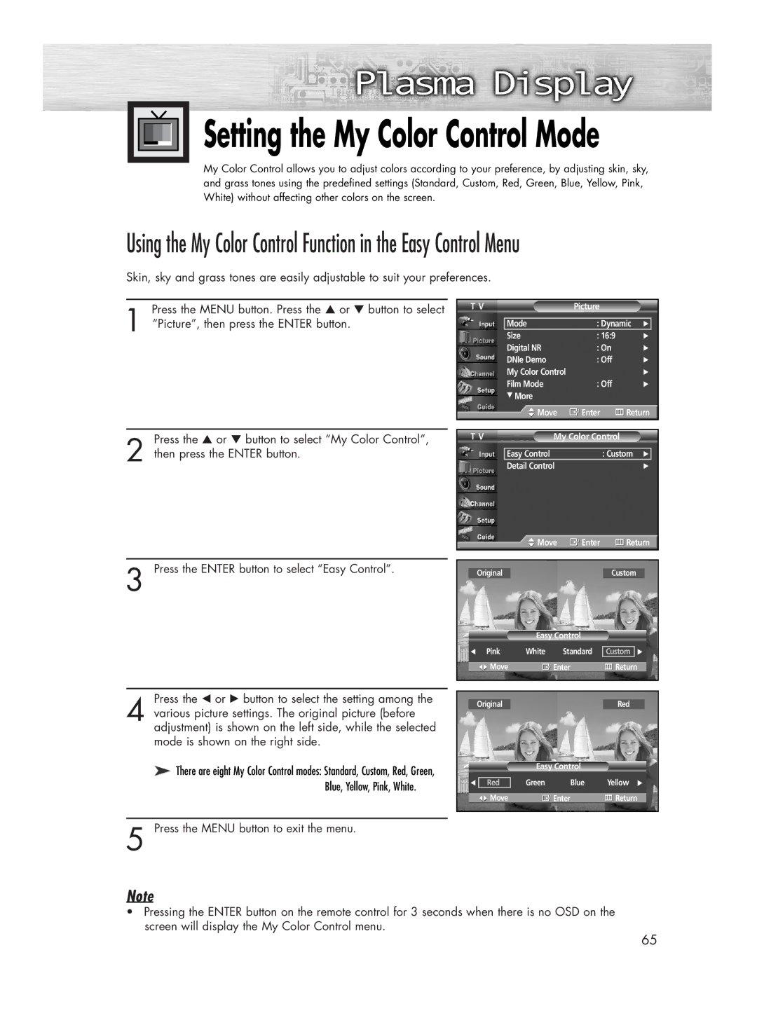 Samsung HP-R4272 manual Setting the My Color Control Mode, Press the Menu button to exit the menu 