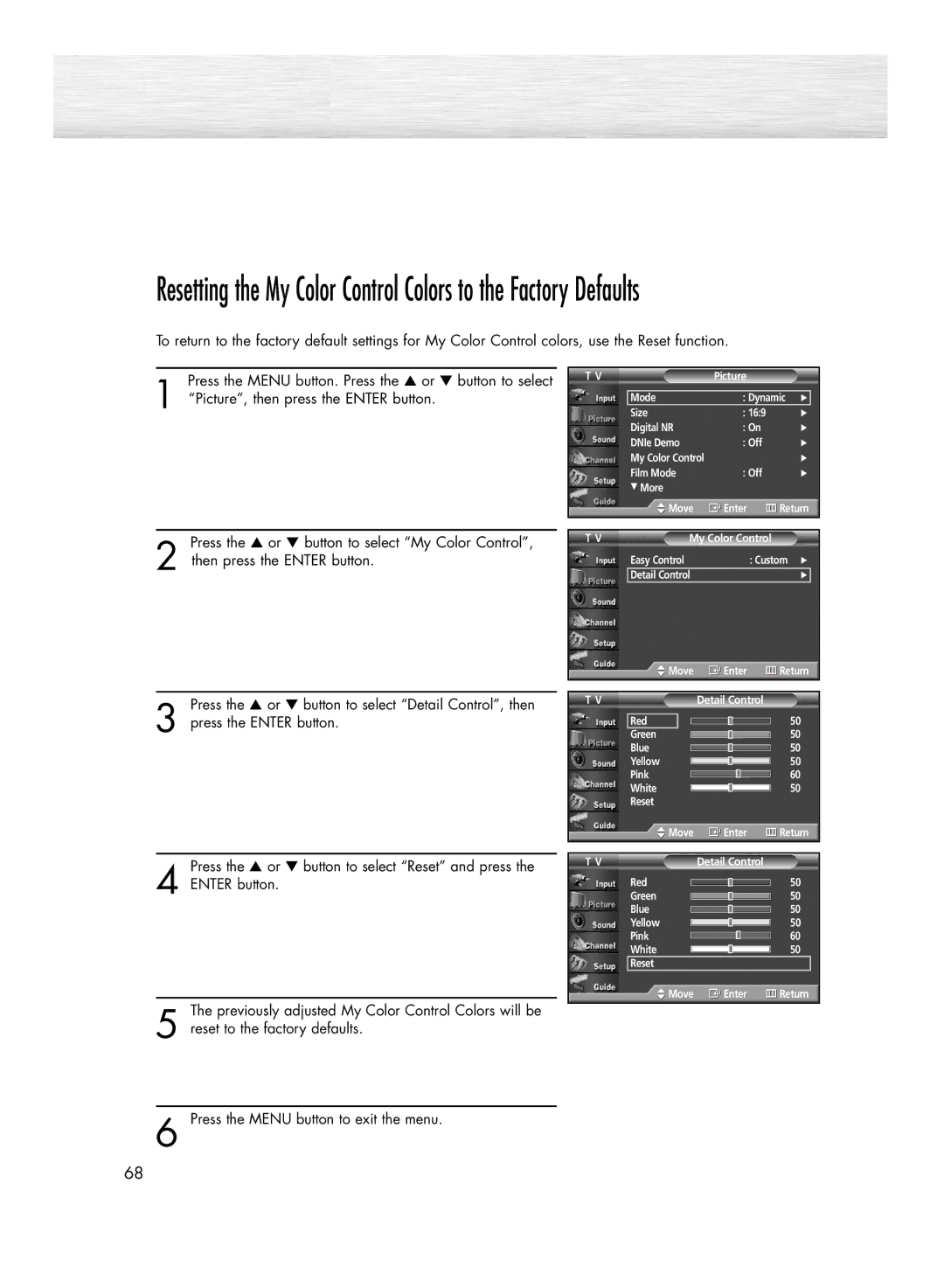 Samsung HP-R4272 manual Easy Control Custom √ Detail Control Move Enter Return 