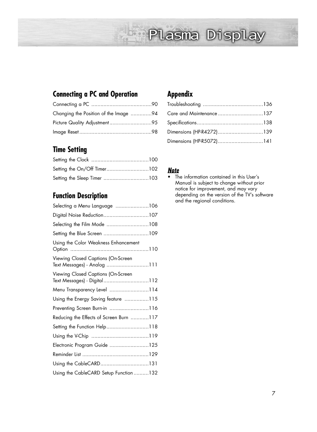 Samsung HP-R4272 manual Connecting a PC and Operation, Picture Quality Adjustment Image Reset, 117, 132 