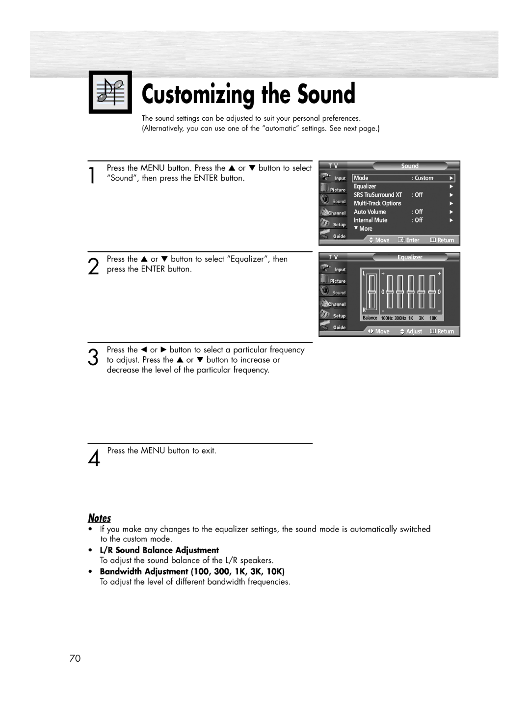 Samsung HP-R4272 manual Customizing the Sound, Sound, then press the Enter button 