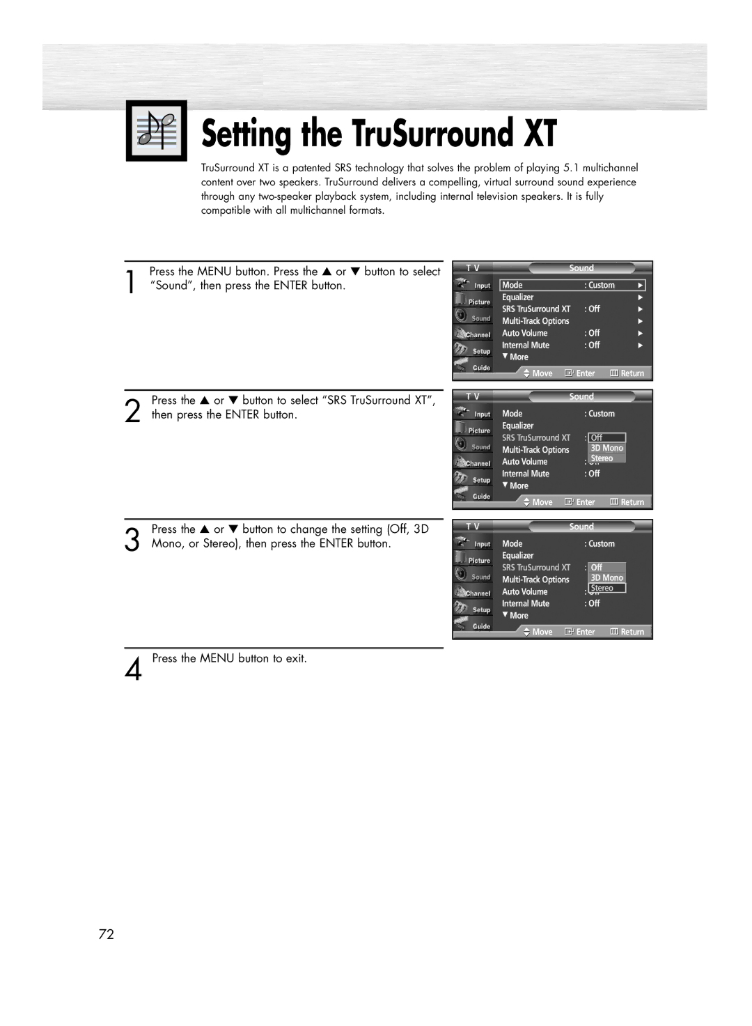 Samsung HP-R4272 manual Setting the TruSurround XT 