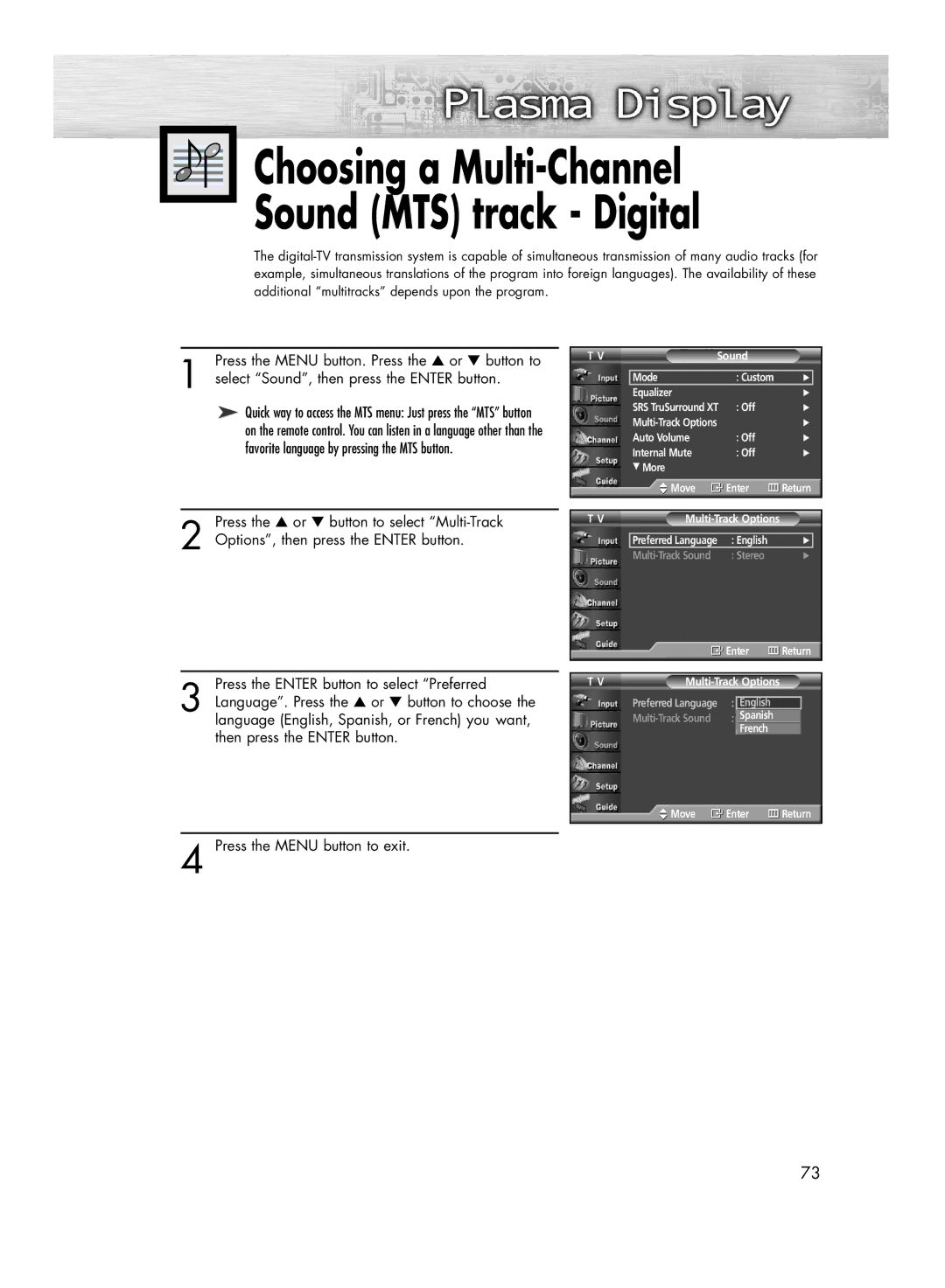 Samsung HP-R4272 manual Choosing a Multi-Channel Sound MTS track Digital 