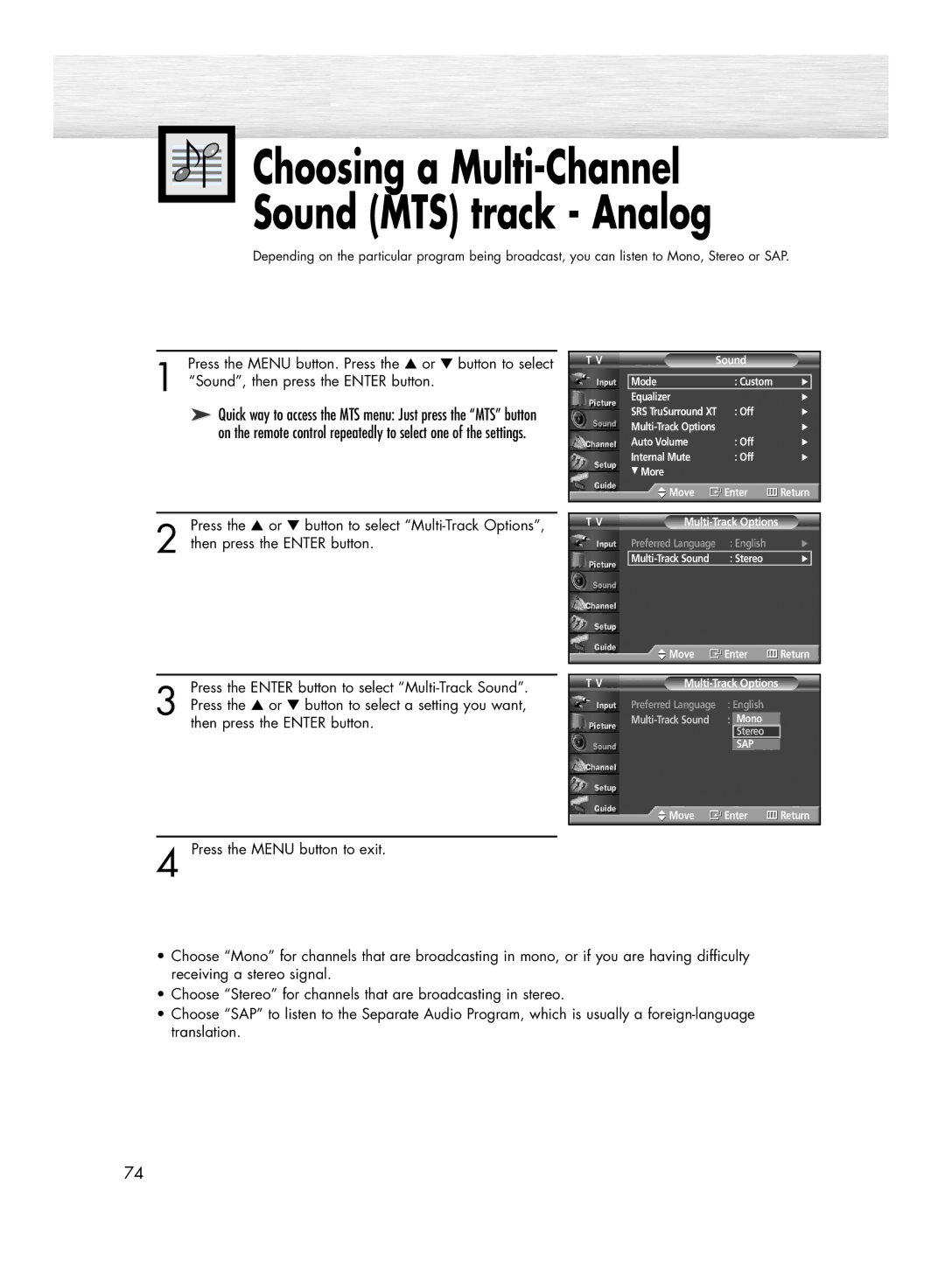 Samsung HP-R4272 manual Choosing a Multi-Channel Sound MTS track Analog 