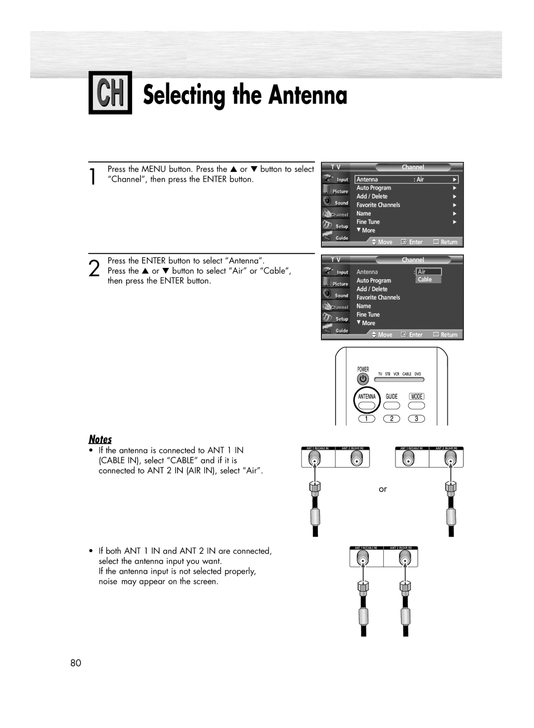 Samsung HP-R4272 manual Selecting the Antenna, Channel, then press the Enter button 