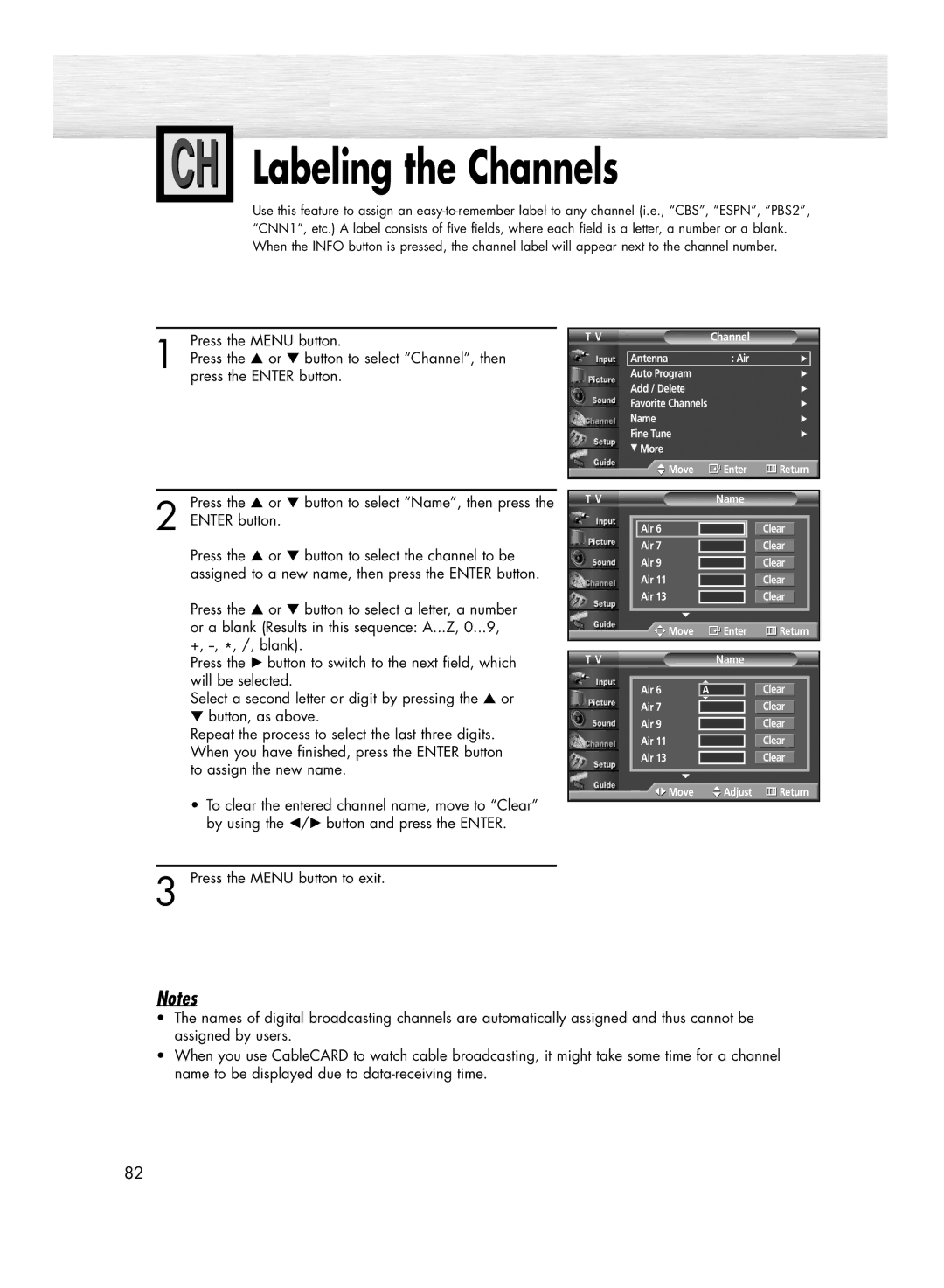 Samsung HP-R4272 manual Labeling the Channels, Enter button 