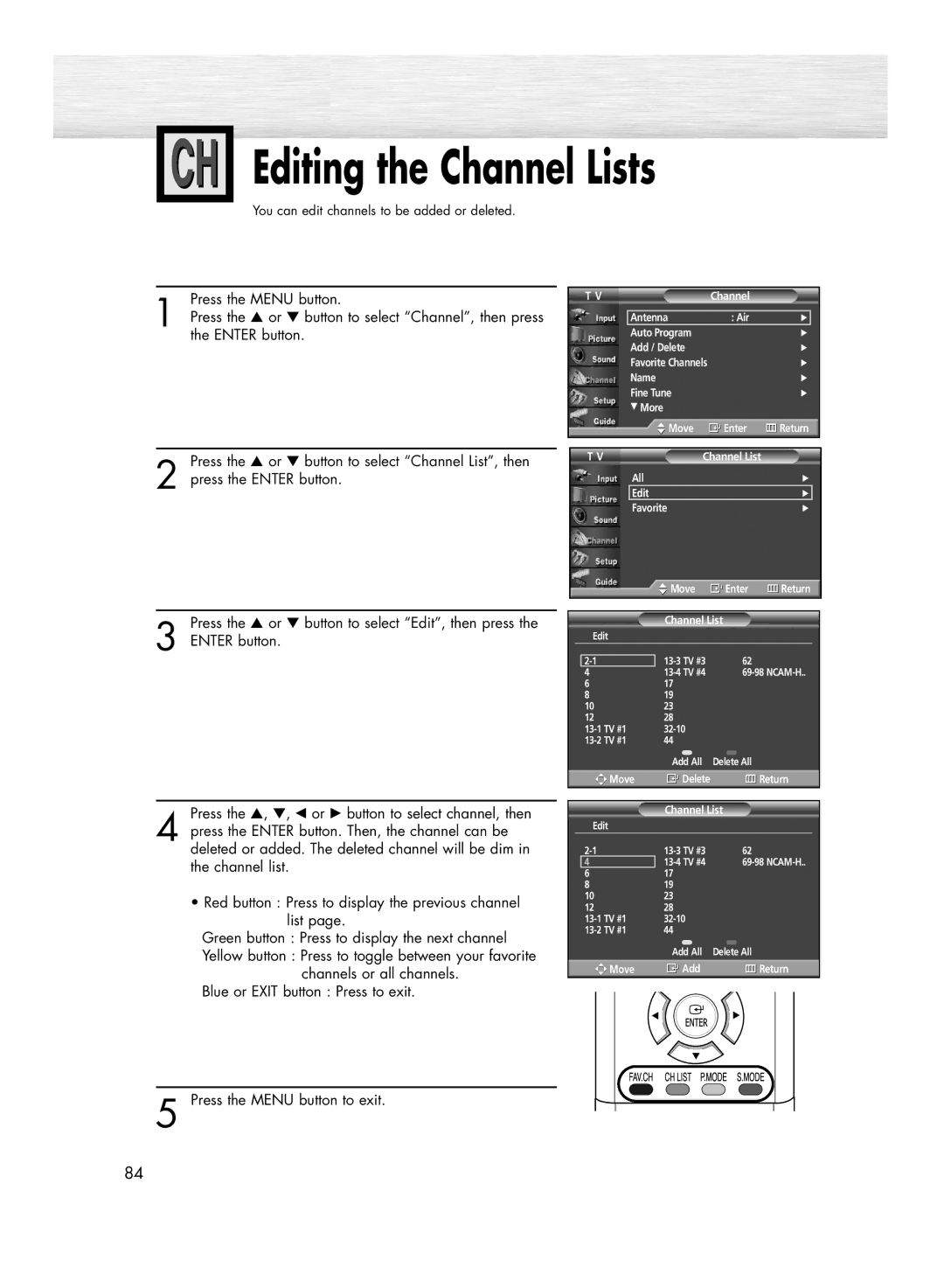 Samsung HP-R4272 manual Editing the Channel Lists 