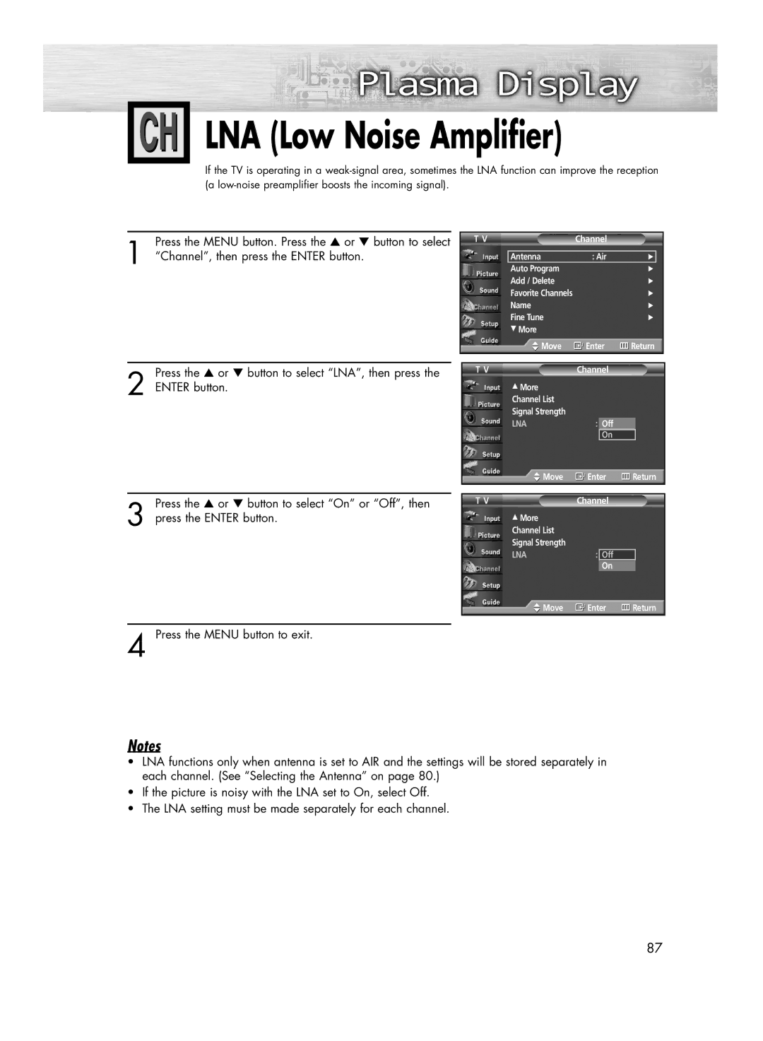 Samsung HP-R4272 manual LNA Low Noise Amplifier, Press the or button to select LNA, then press Enter button 