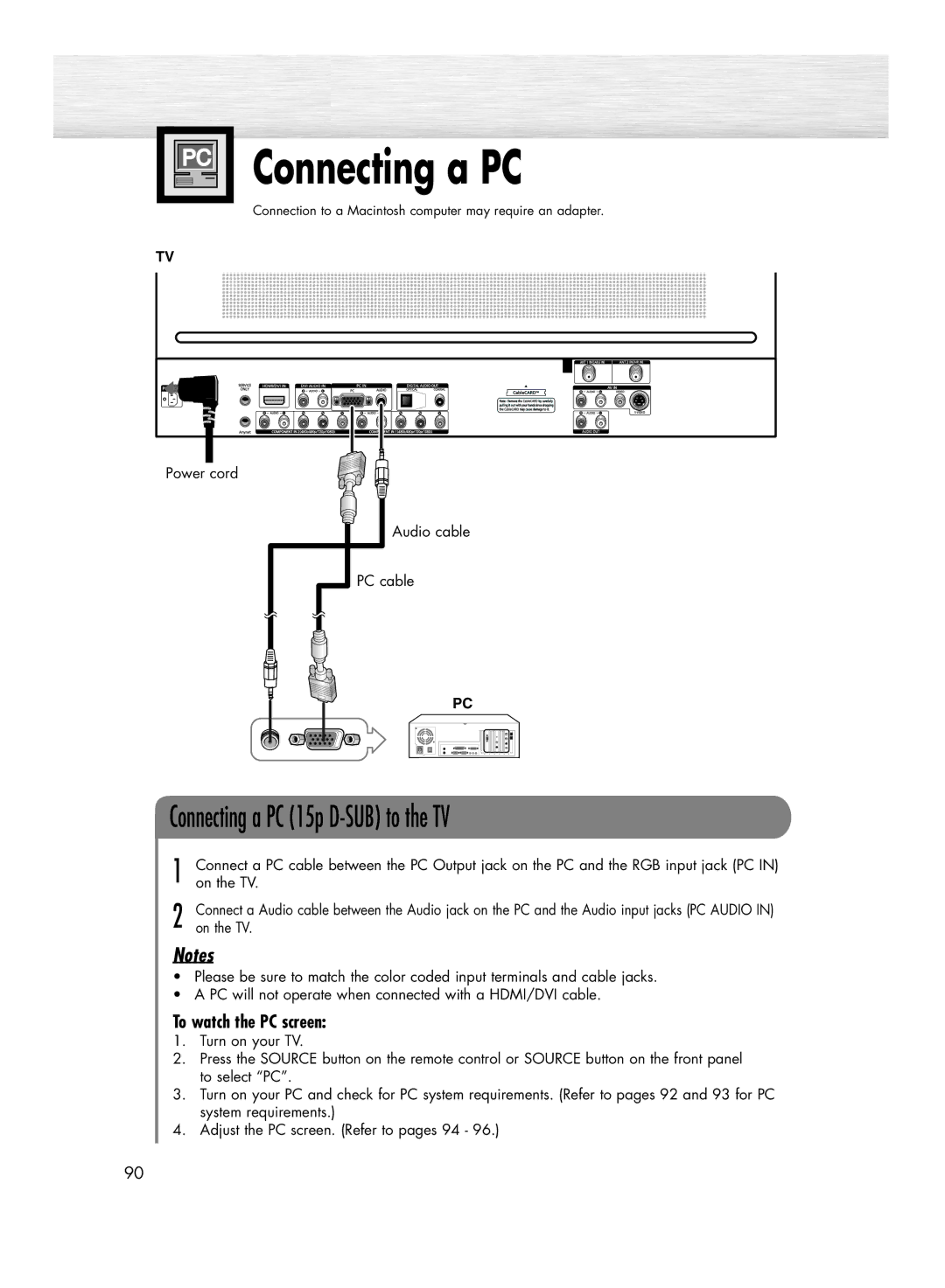 Samsung HP-R4272 manual Connecting a PC, To watch the PC screen, Power cord Audio cable PC cable 