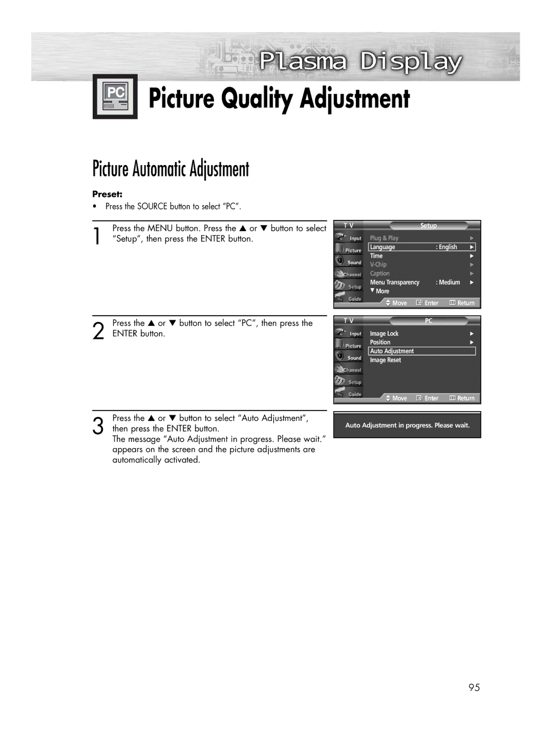 Samsung HP-R4272 manual Picture Quality Adjustment, Picture Automatic Adjustment 