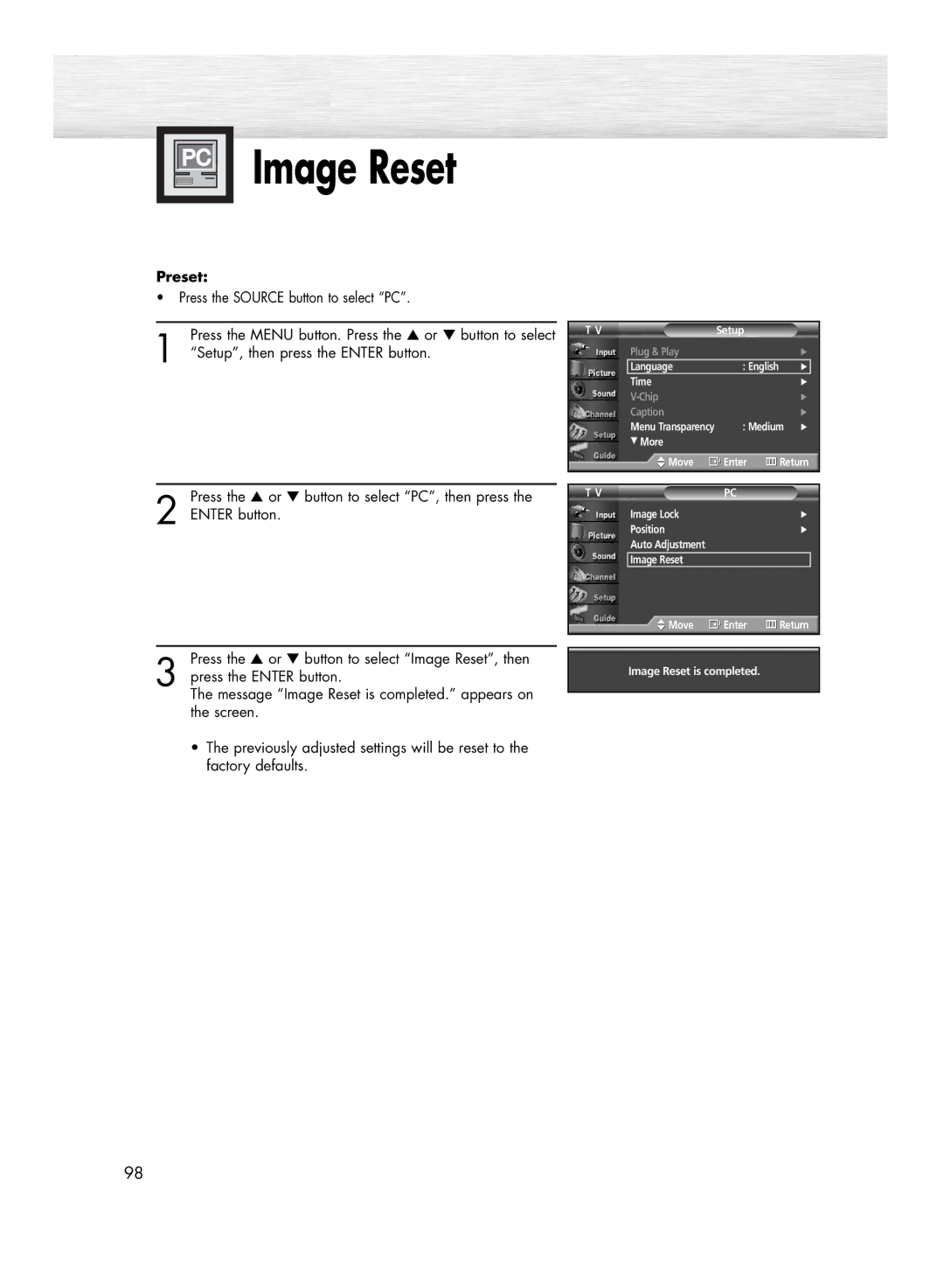 Samsung HP-R4272 manual Image Reset 