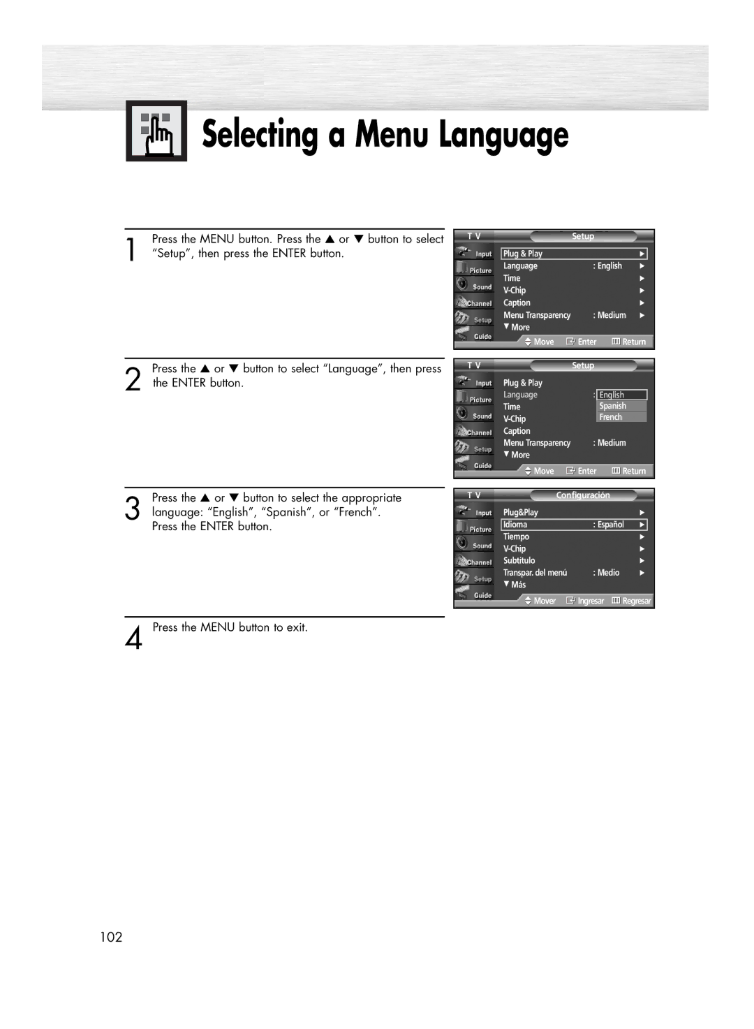 Samsung HP-R5052C, HP-R4252C manual Selecting a Menu Language 