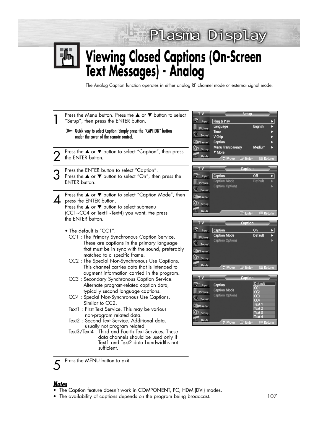 Samsung HP-R4252C, HP-R5052C manual Viewing Closed Captions On-Screen Text Messages Analog 