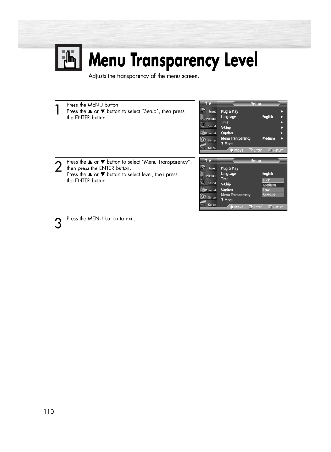 Samsung HP-R5052C, HP-R4252C manual Menu Transparency Level 