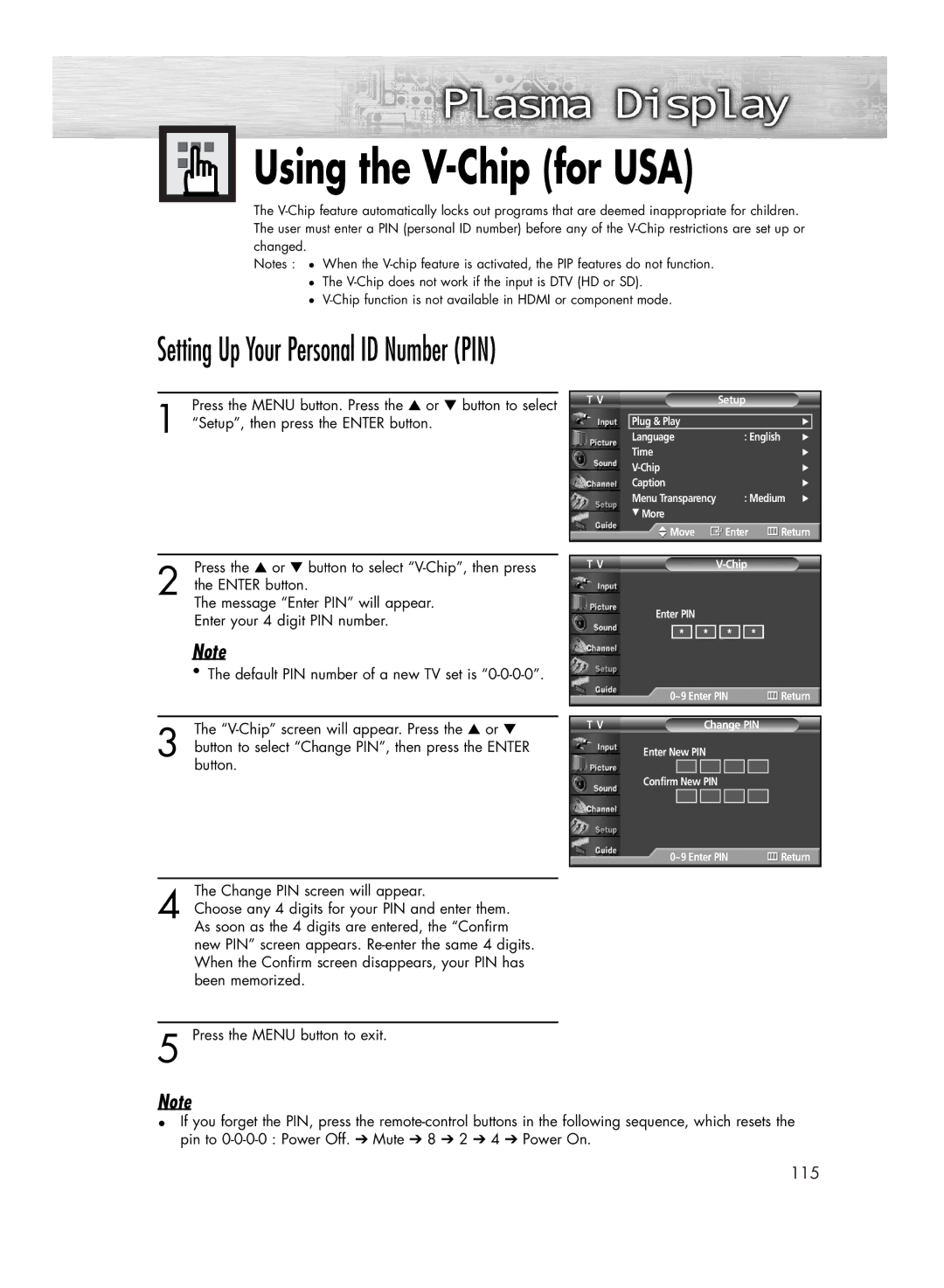 Samsung HP-R4252C, HP-R5052C manual Using the V-Chip for USA, Setting Up Your Personal ID Number PIN 