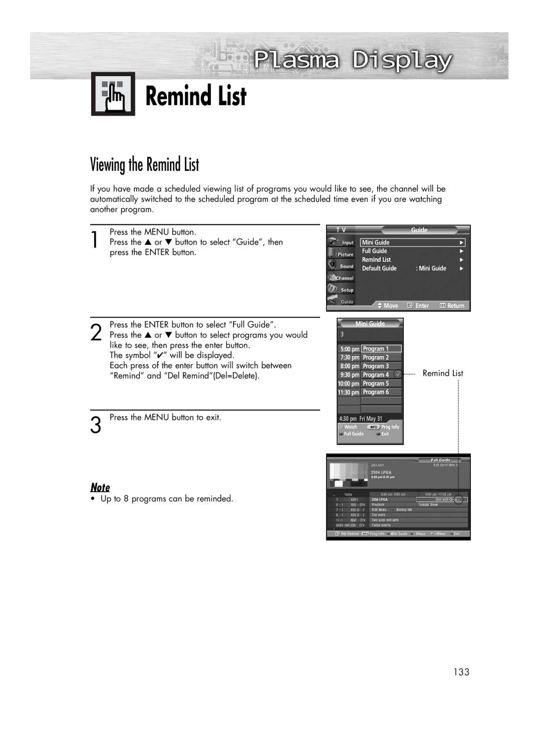 Samsung HP-R4252C, HP-R5052C manual Viewing the Remind List, Up to 8 programs can be reminded 