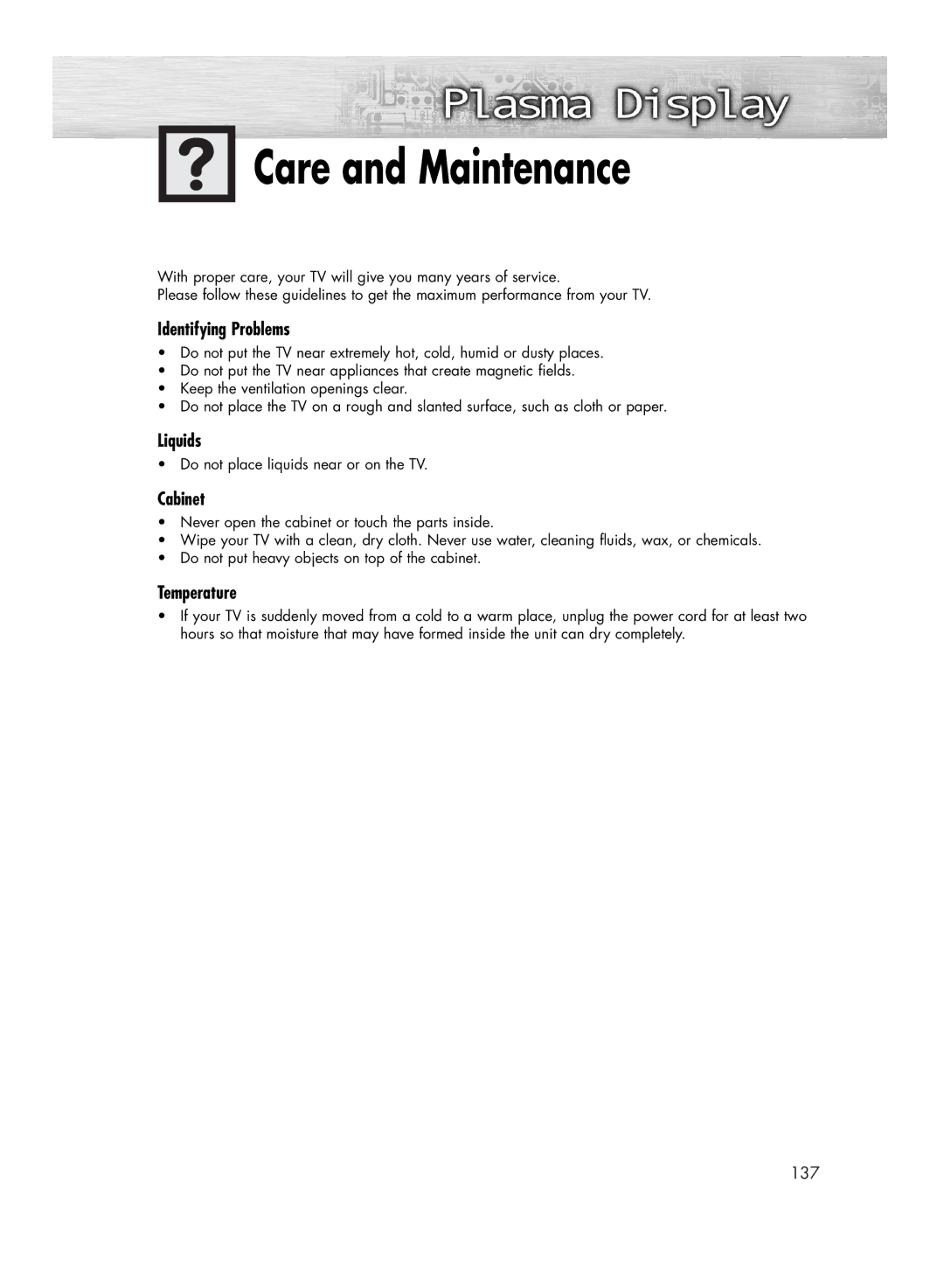 Samsung HP-R4252C, HP-R5052C manual Care and Maintenance, Identifying Problems, Liquids, Cabinet, Temperature 