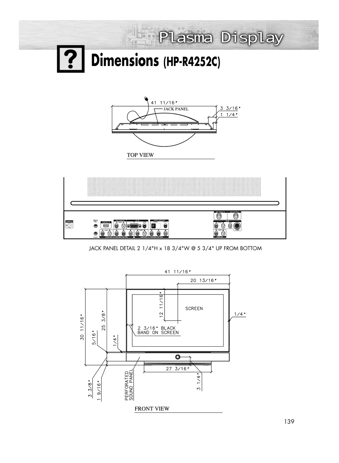 Samsung HP-R5052C manual Dimensions HP-R4252C, Jack Panel Detail 2 1/4H x 18 3/4W @ 5 3/4 UP from Bottom 