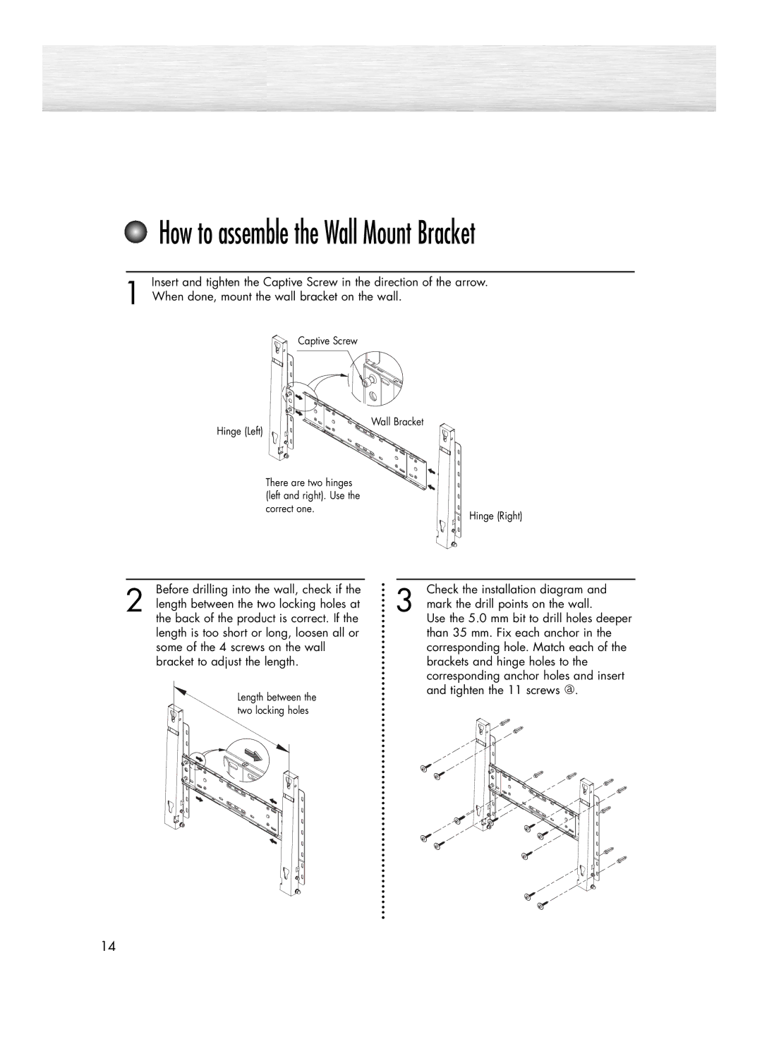 Samsung HP-R5052C, HP-R4252C manual How to assemble the Wall Mount Bracket 