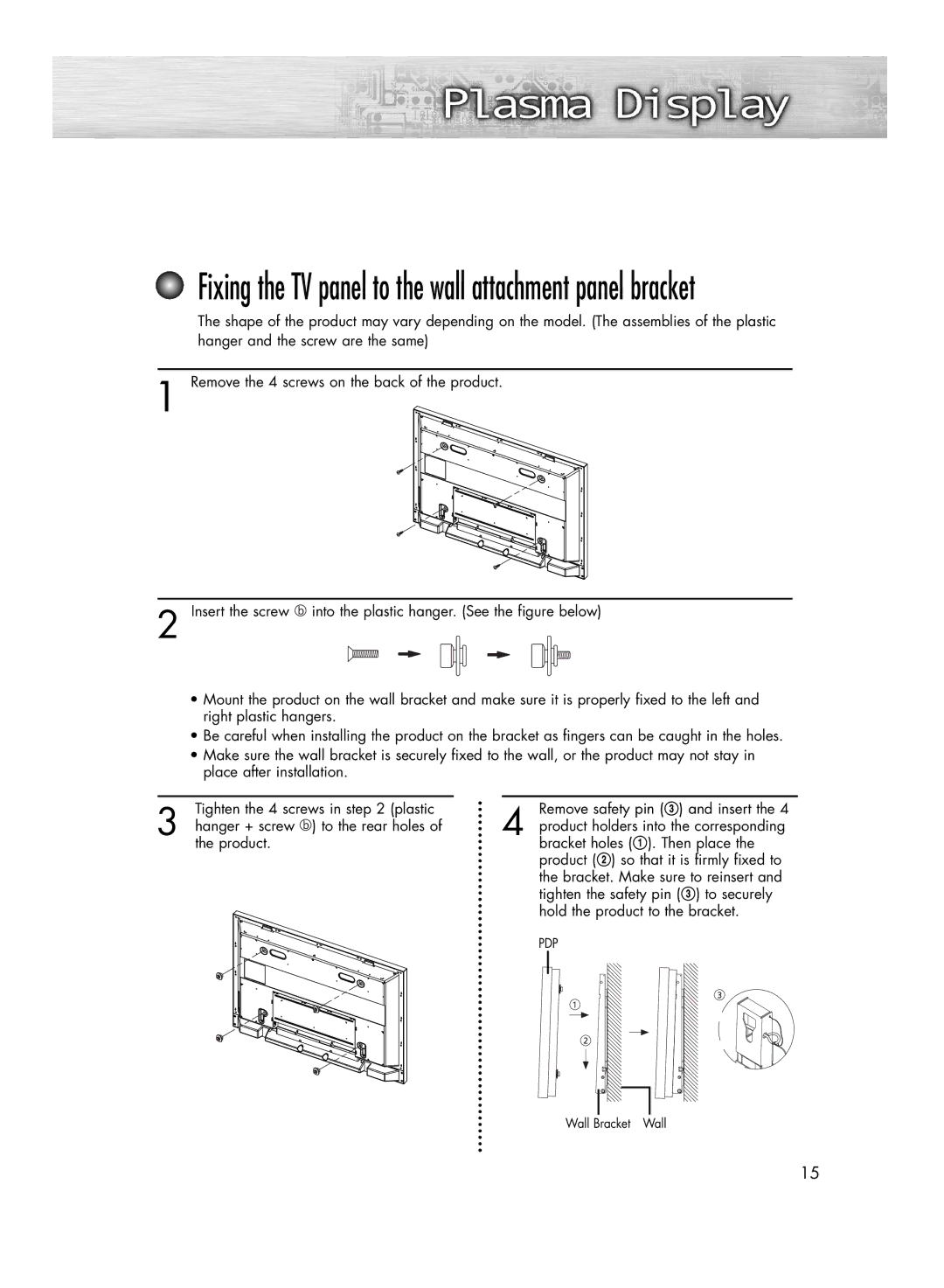 Samsung HP-R4252C, HP-R5052C manual Fixing the TV panel to the wall attachment panel bracket 